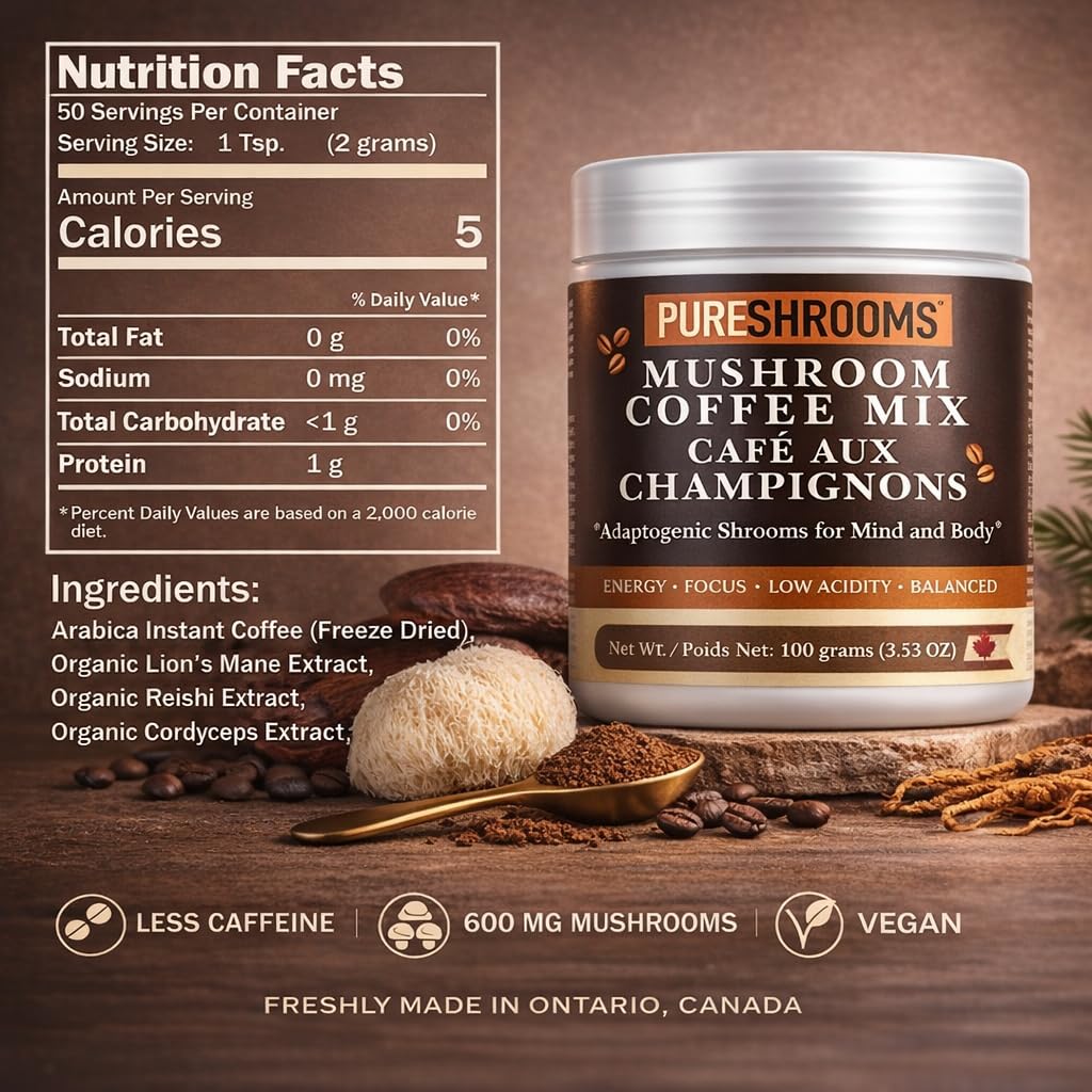 PureShrooms Mind & Body Mushroom Coffee - Instant Colombian Arabica with Organic Lion’s Mane, Reishi & Cordyceps - Low Acidity Nootropic Superfood Beverage for Focus & Vitality, 35 Servings/70g