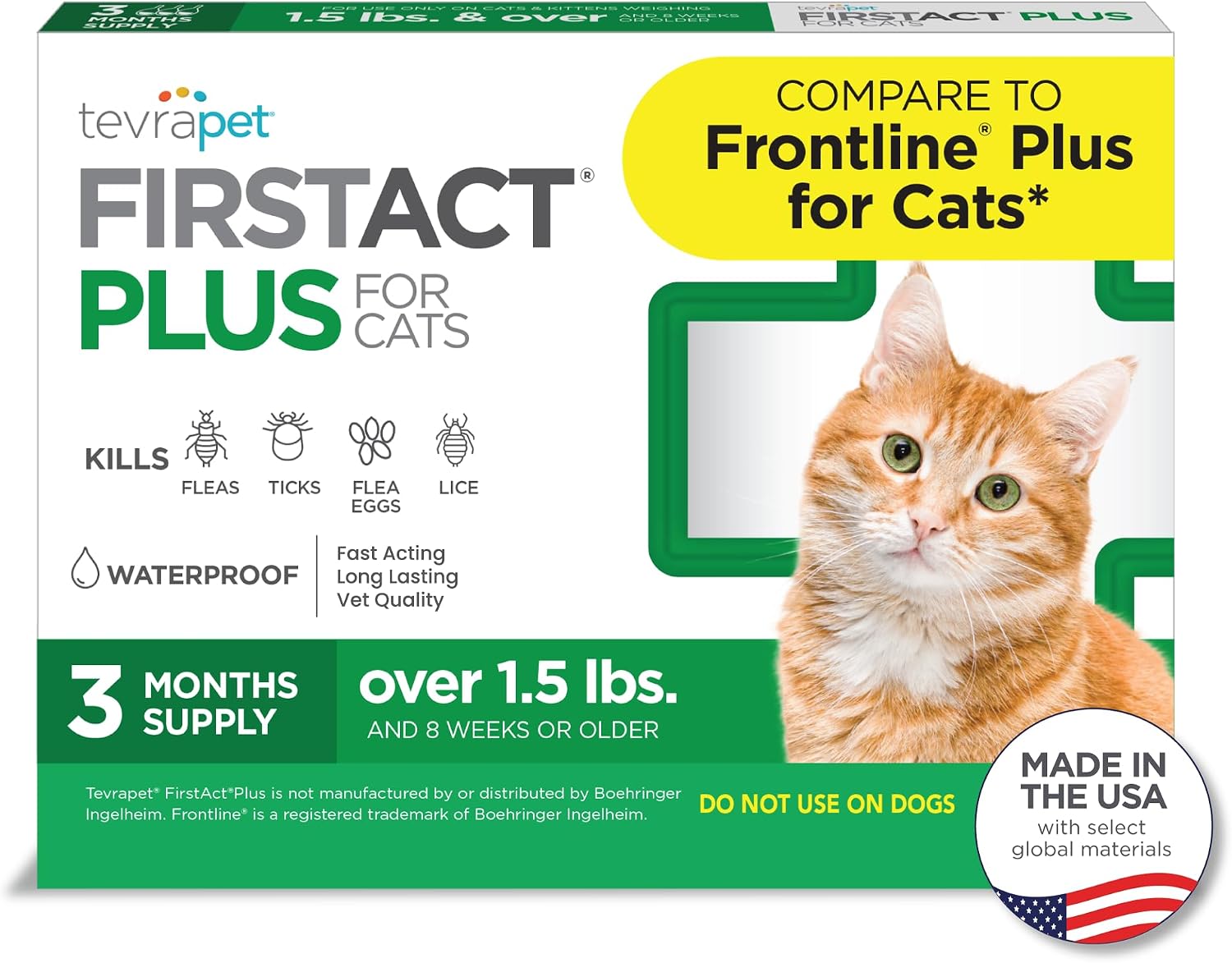 TevraPet FirstAct Plus Flea and Tick Topical for Cats over 1.5lbs, 3 Dose Waterproof Flea and Tick Control/Prevention for 3 Months