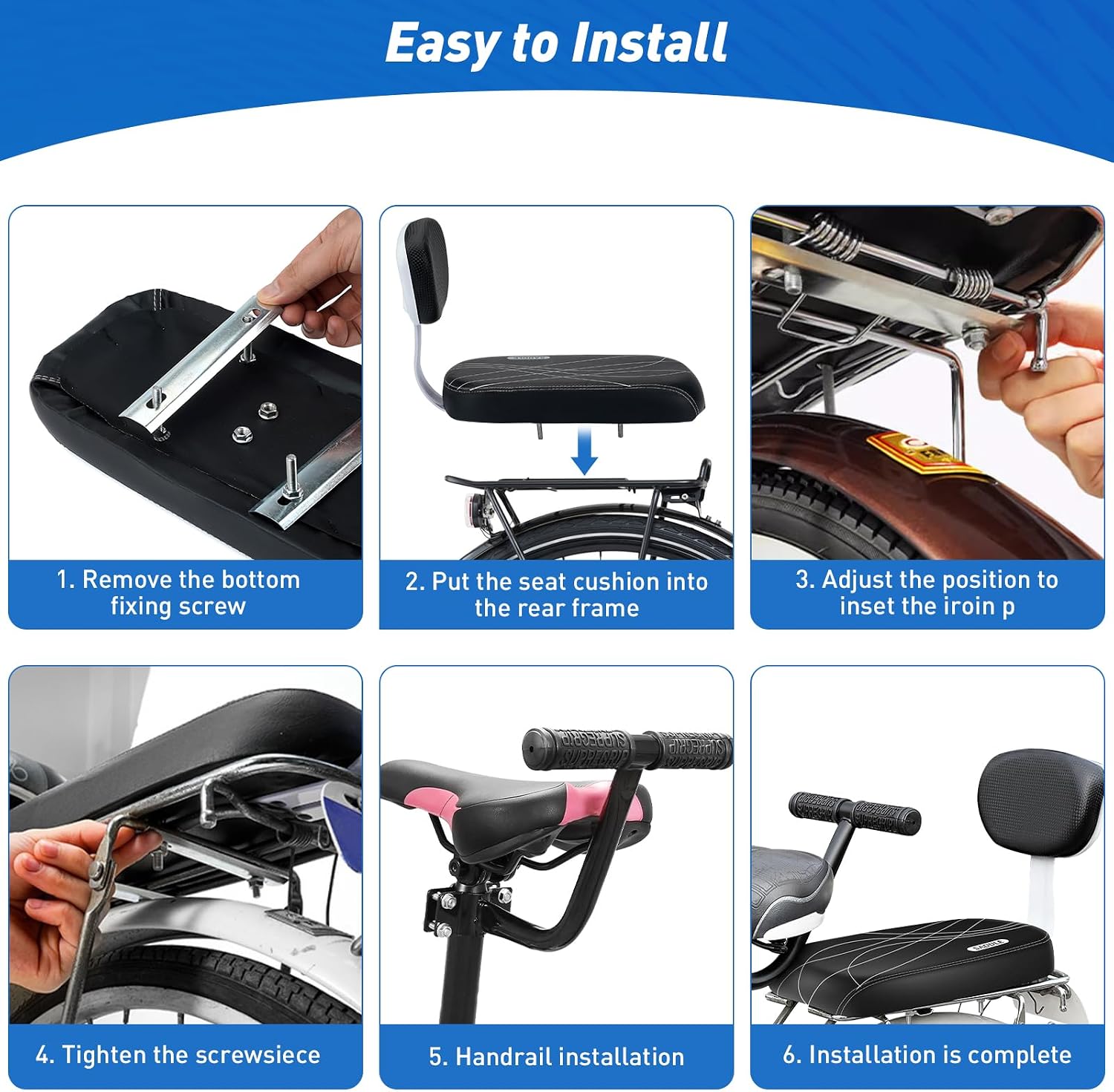 Bicycle Rear Seat Cushion Armrest Footrest Set, Kid Child Carrier Bicycle Baby Seat, Including Cushion and Backrest, Armrest Handrail, Footrests, Bell