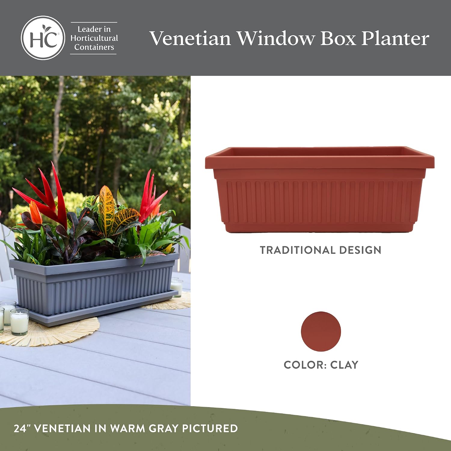 The HC Companies Venetian Window Planter Box w/Drain Plug - Long Planter Box for Windowsills, Balconies & More - Plastic Rectangular Outdoor Planters for Herbs & Flowers (18" Clay, Pack of 1)