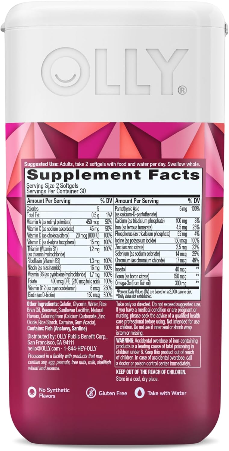 OLLY Ultra Strength Women's Multivitamin Softgels, Omega-3s - 60 Count