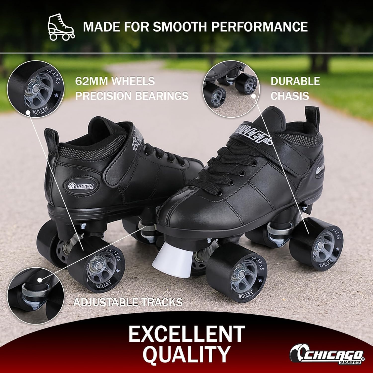 Chicago Skates Bullet Speed Roller Skates – Adjustable Quad Roller Skates Women Men, Durable Skates, Top Performance with Front Stopper, 62mm Urethane Wheels, Low-Cut Ankle Boot, Indoor Outdoor Toys