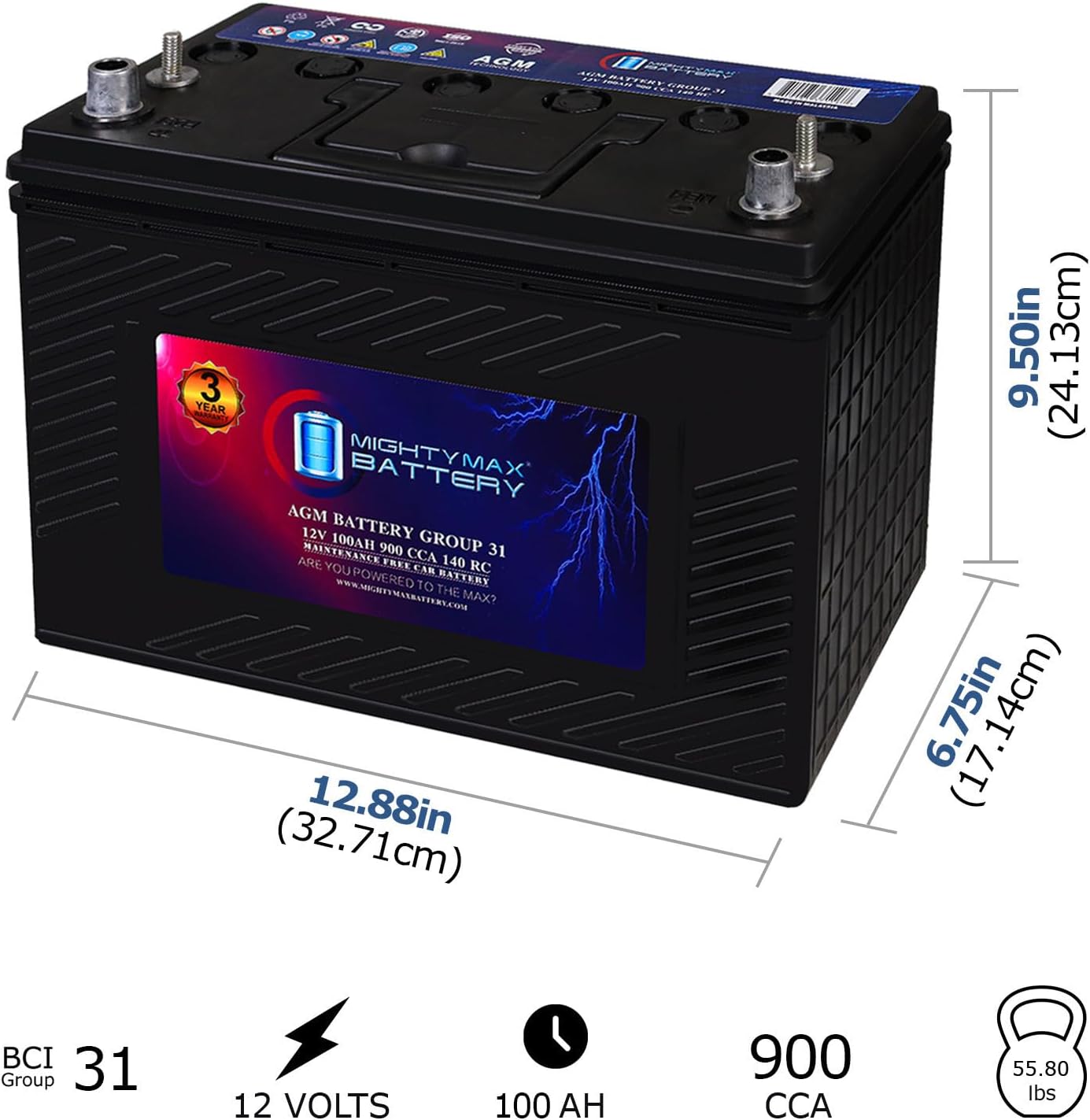 Mighty Max Battery MM-H8 Start and Stop Car BCI Group 49 12V 95Ah, 160RC, 900 CCA Rechargeable AGM Car Battery