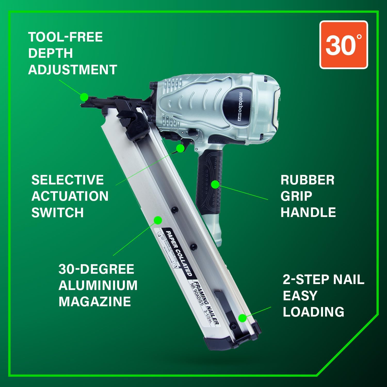 Metabo HPT Framing Nailer 30° Paper Collated Nails Framing Tool, NR90ADS1 | Roof Decking, Housing Construction, Truss Build-Up, Flooring Use