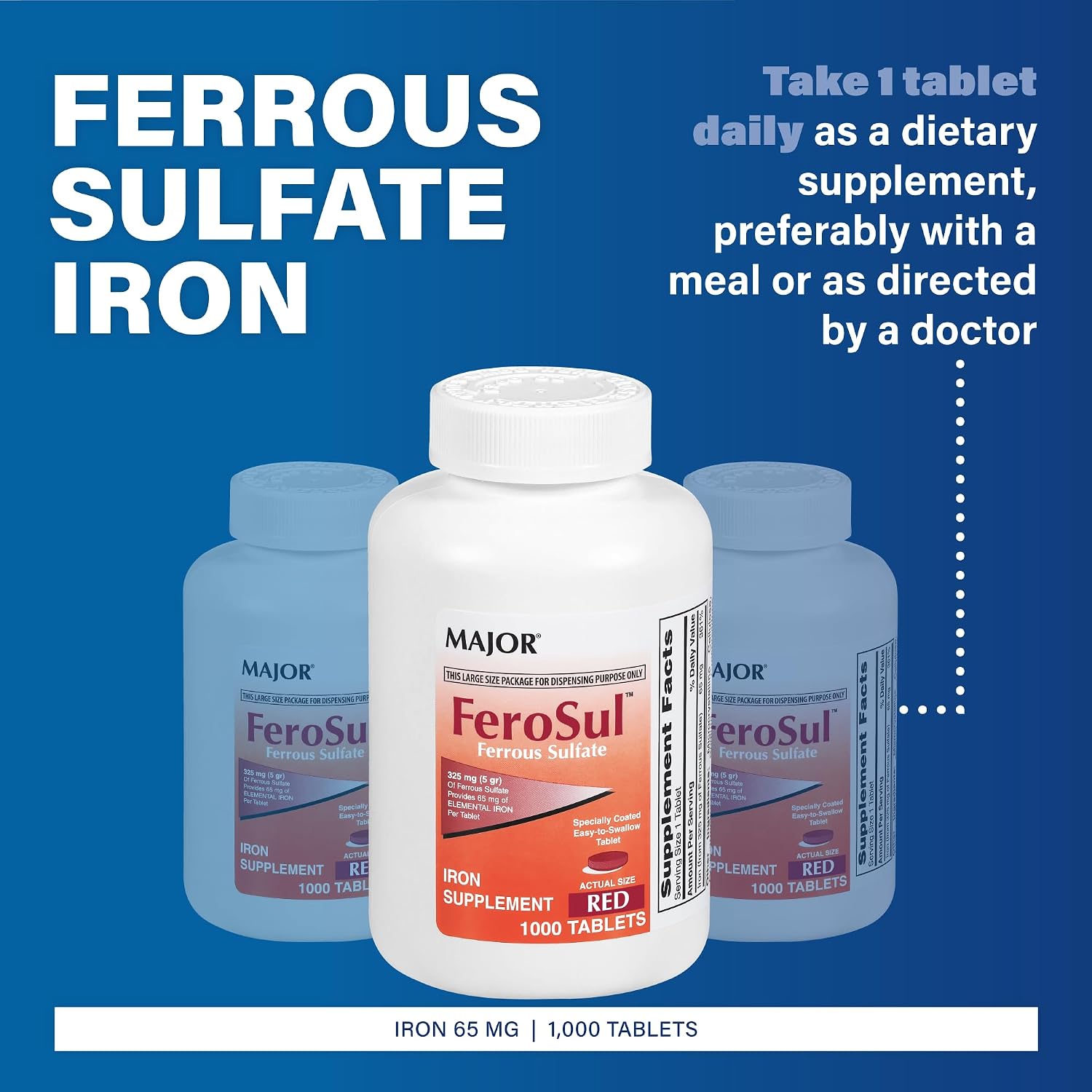 Major FeroSul - Ferrous Sulfate 325 mg Tablets - Iron Supplement for Women and Men - Specially Coated Easy-to-Swallow Tablets - Red - 1000 Count