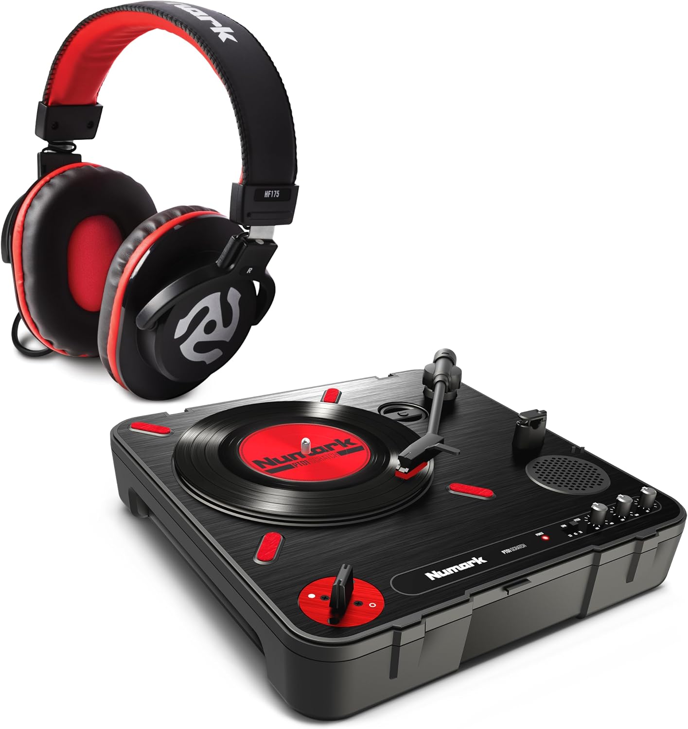 Numark PT01 Scratch Portable DJ Turntable | Scratch Switch, Built-In Speaker, 3-Speed Playback, USB Out, AC and Battery Power for Portablists