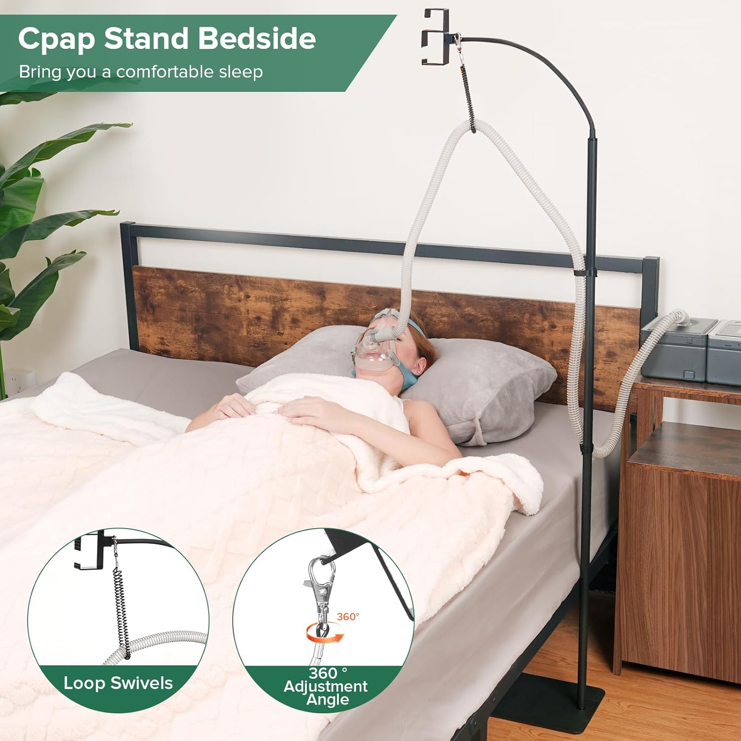 CPAP Hose Holder Bedside Stand, Fits ResMed/Philips w/Hook | All-Metal Durable, No-Wall-Drill Setup, Aluminum Hook Keeps Hose Tangle-Free & Hygienic