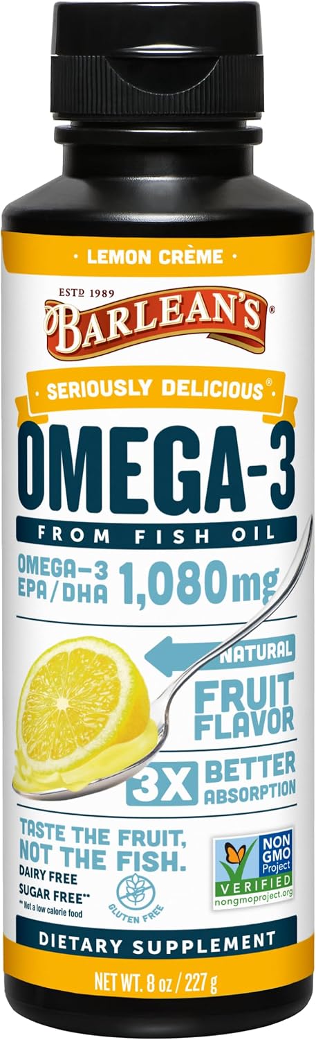 Barlean's Mango Peach Omega-3 Fish Oil, Vitamin D, 1080mg EPA & DHA, 8oz | Wild-caught fish oil plus vitamin D, EPA DHA omega-3, Burpless, Non-GMO, Gluten-free, Heart, brain, bone & immune