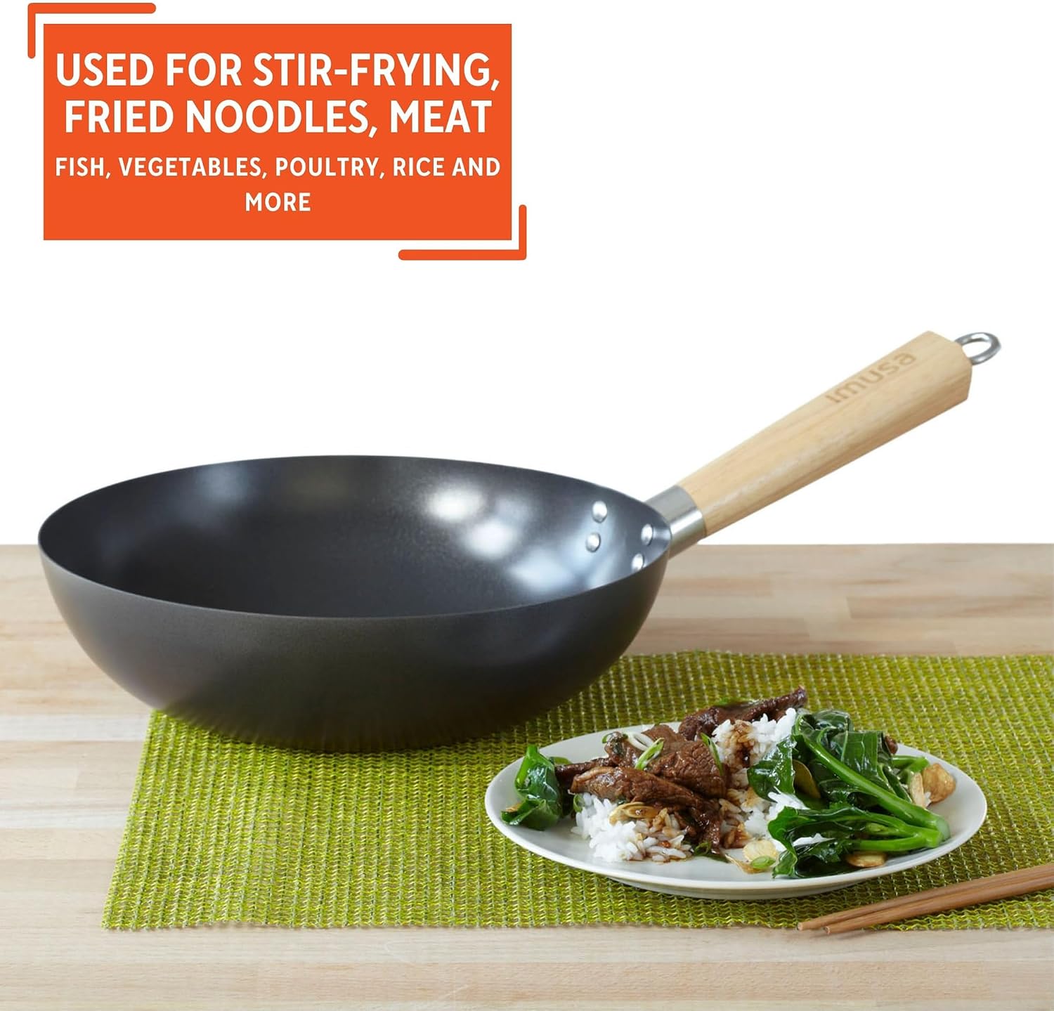 IMUSA 9.5 Inch Carbon Steel Nonstick Wok with Cool-touch Handle, Black | Cool-Touch Handle, Ideal for Stir Fry, Great for Everyday Meals