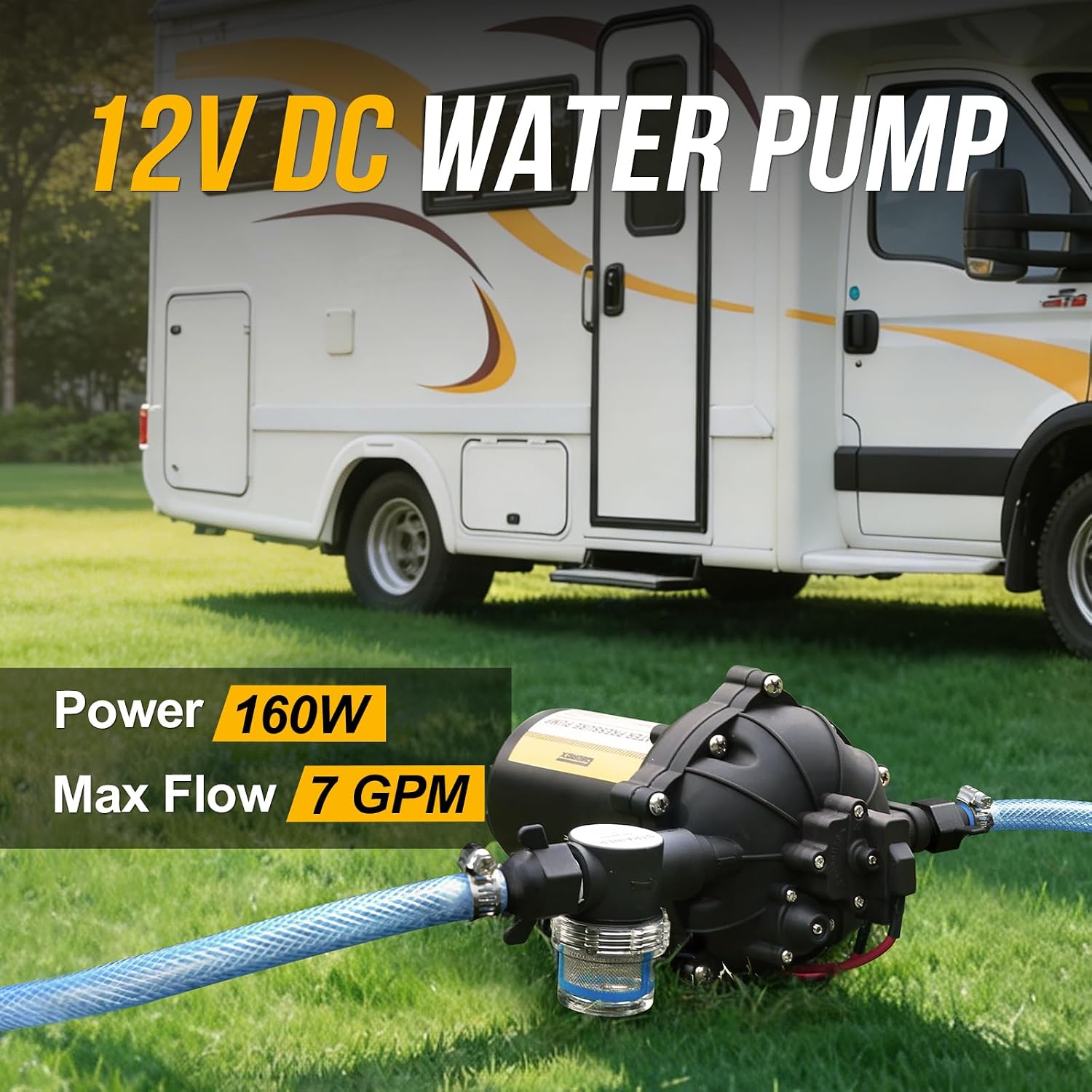 12V RV Water Pump, 5.0 GPM 55 PSI Diaphragm Pump, 20Volt Quiet Fresh Water Pump with Pressure Switch, Self Priming Pressure Pumps for RV Camper Boat Marine Food Truck, Dark Grey