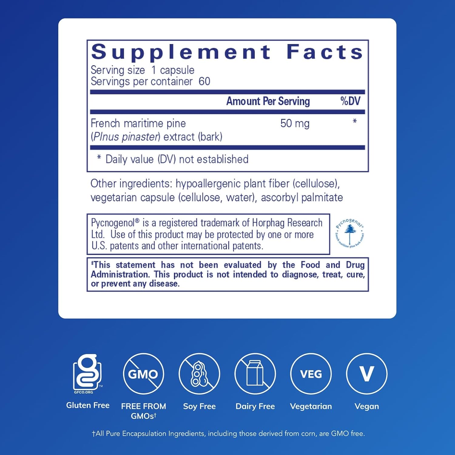 Pure Encapsulations Pycnogenol (Pine Bark Extract) 50 mg | Hypoallergenic Supplement to Support Cognitive Function and Cardiovascular Health* | 60 Capsules | 50 mg, Hypoallergenic Supplement to Support Cognitive Function and Cardiovascular Health*