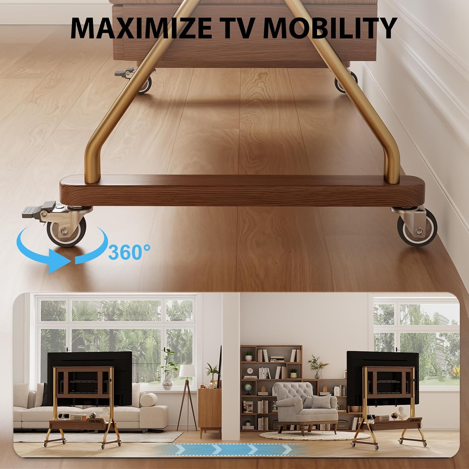 AnywaysWood TV Cart Rolling TV Stand with Wheels for Most 40-75" TVs up to 300lbs Height Adjustable, Tilting, Tall Heavy Duty TV Stand with 2 Drawers Power Strip, for Living Room