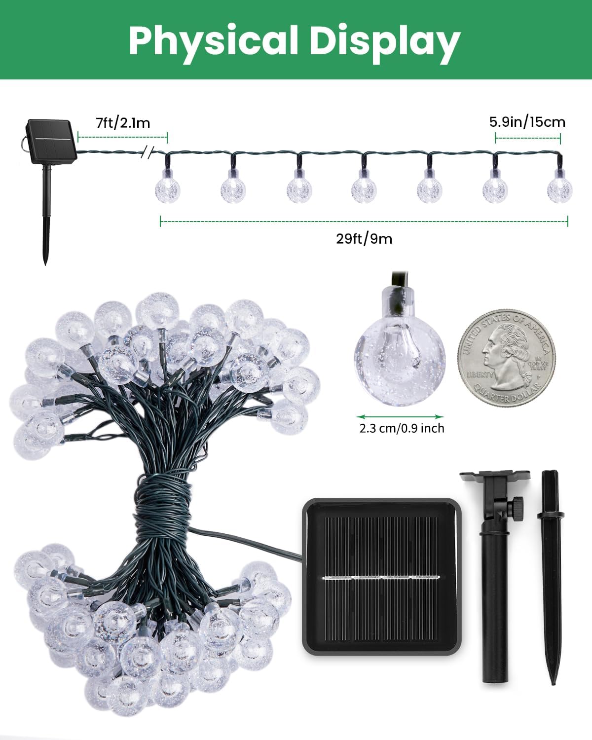 Brightown Solar String Lights Outdoor 60 Led 35.6 Feet Crystal Globe Lights with 8 Lighting Modes