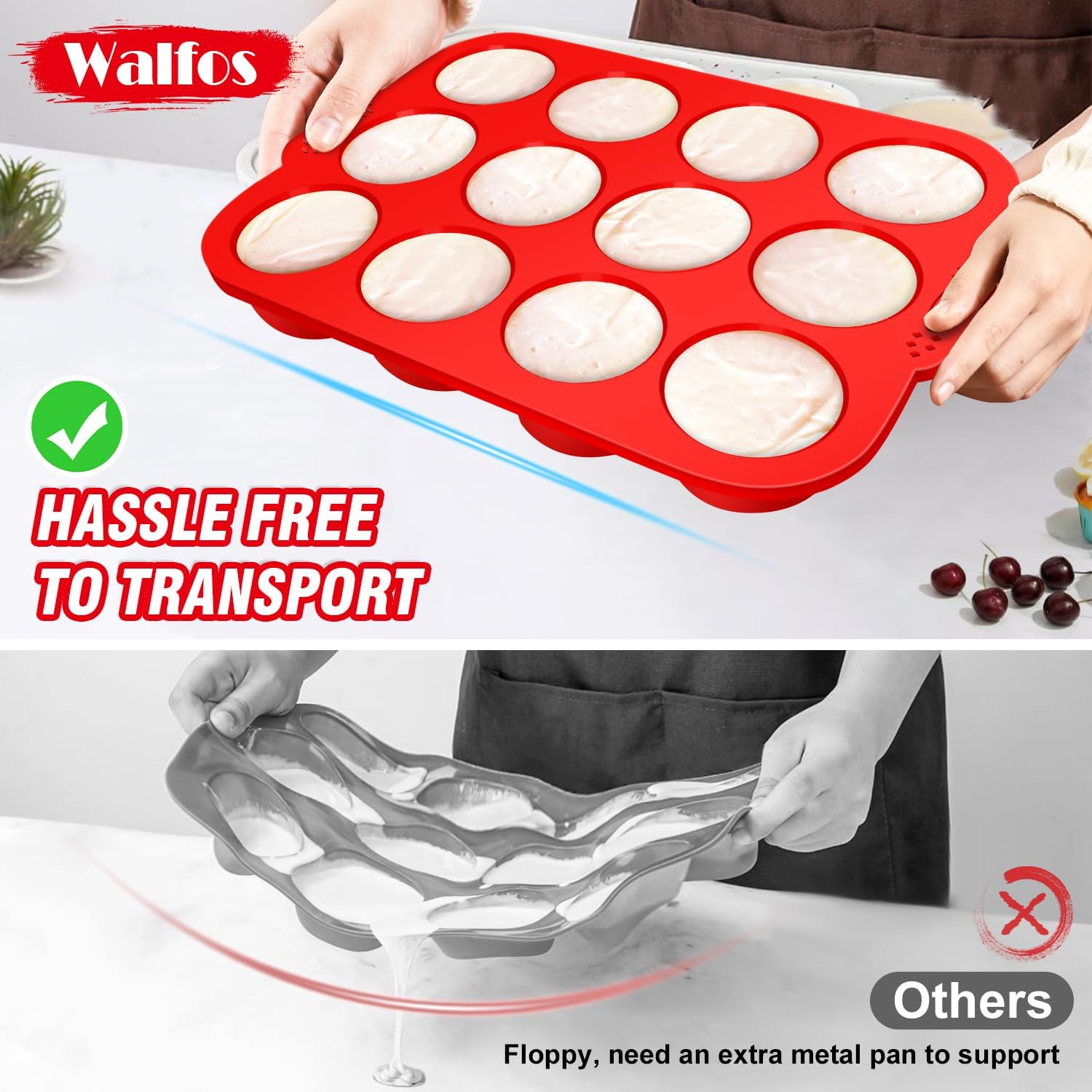 Walfos Silicone Texas Muffin Pan - 6 Cup Jumbo Silicone Cupcake Pan, Non-Stick, Just Release! Perfect for Egg Muffin