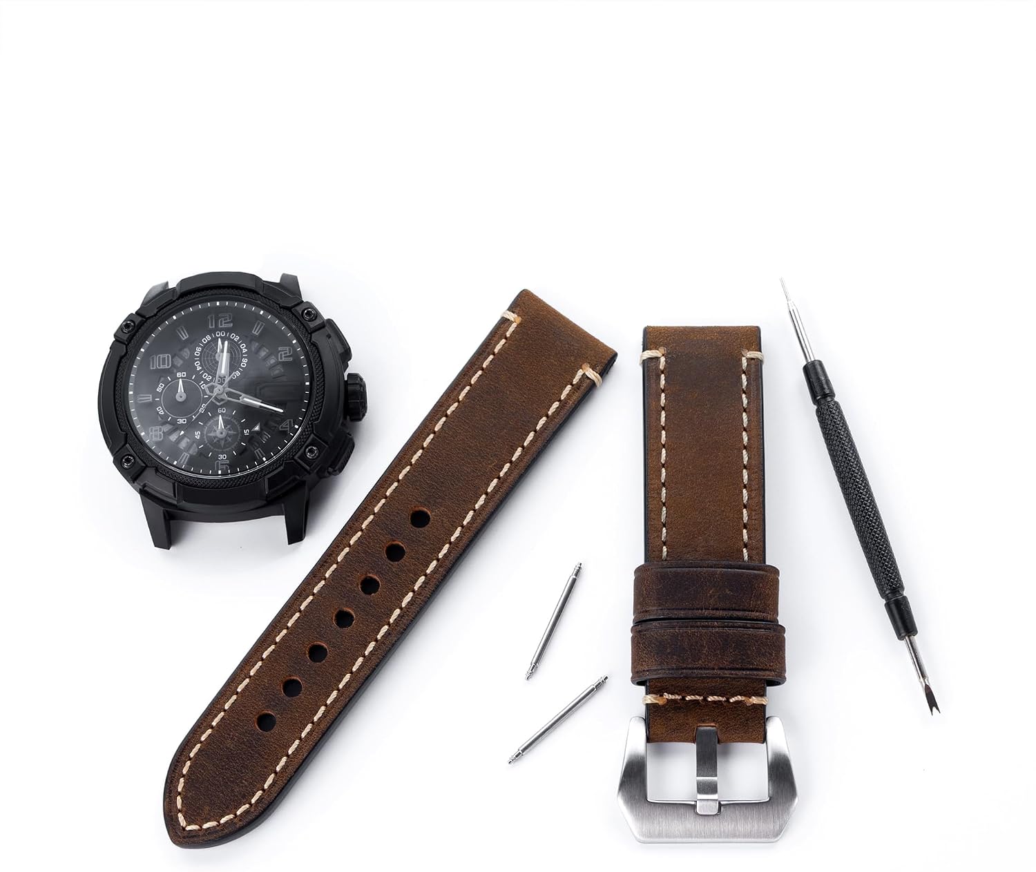 Dark Brown 22mm Genuine Leather Wristwatch Watch Band Oil Tan Vintage Strap for Men with Stainless Buckle