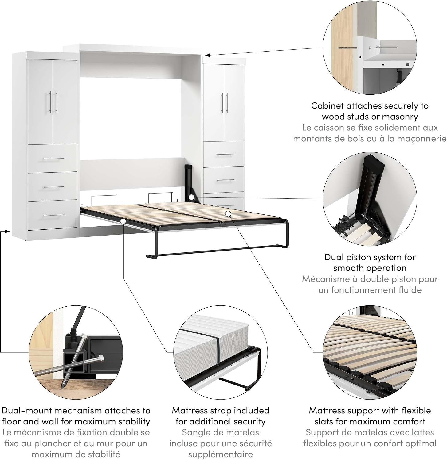 Bestar Nebula Queen Murphy Bed with 2 Wardrobes (115W) in White, Sleeping Arrangement and Closet Organizers for Multipurpose Room | 2 Wardrobes; supports up to 1000 lb; min. ceiling height 91.1 in.; dual piston mechanism; 10-year warranty