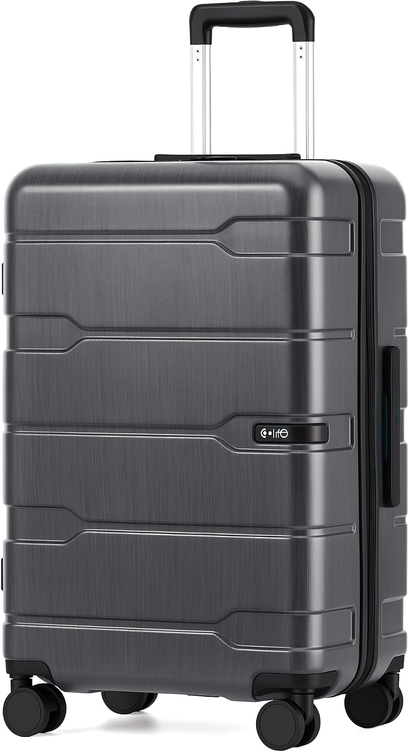 Coolife Medium Checked Luggage Hardside Suitcase with Spinner Wheels, 24in | Lightweight ABS+PC, Rolling Travel Suitcase with TSA Lock, Spinner Wheels, Durable Zipper, Charcoal