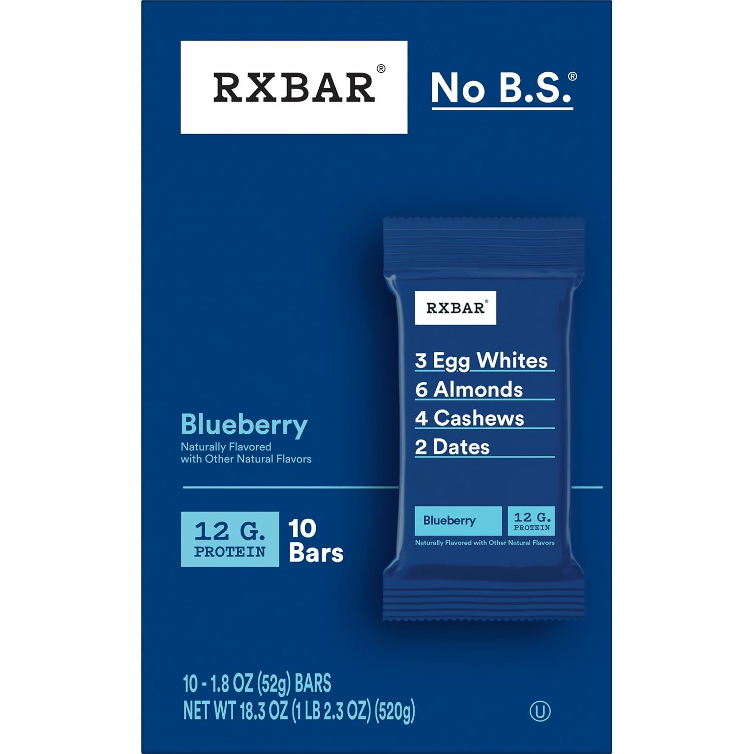 RXBAR Protein Bars, 12g Protein, Gluten Free Snacks, Blueberry, 22oz Box (12 Bars)
