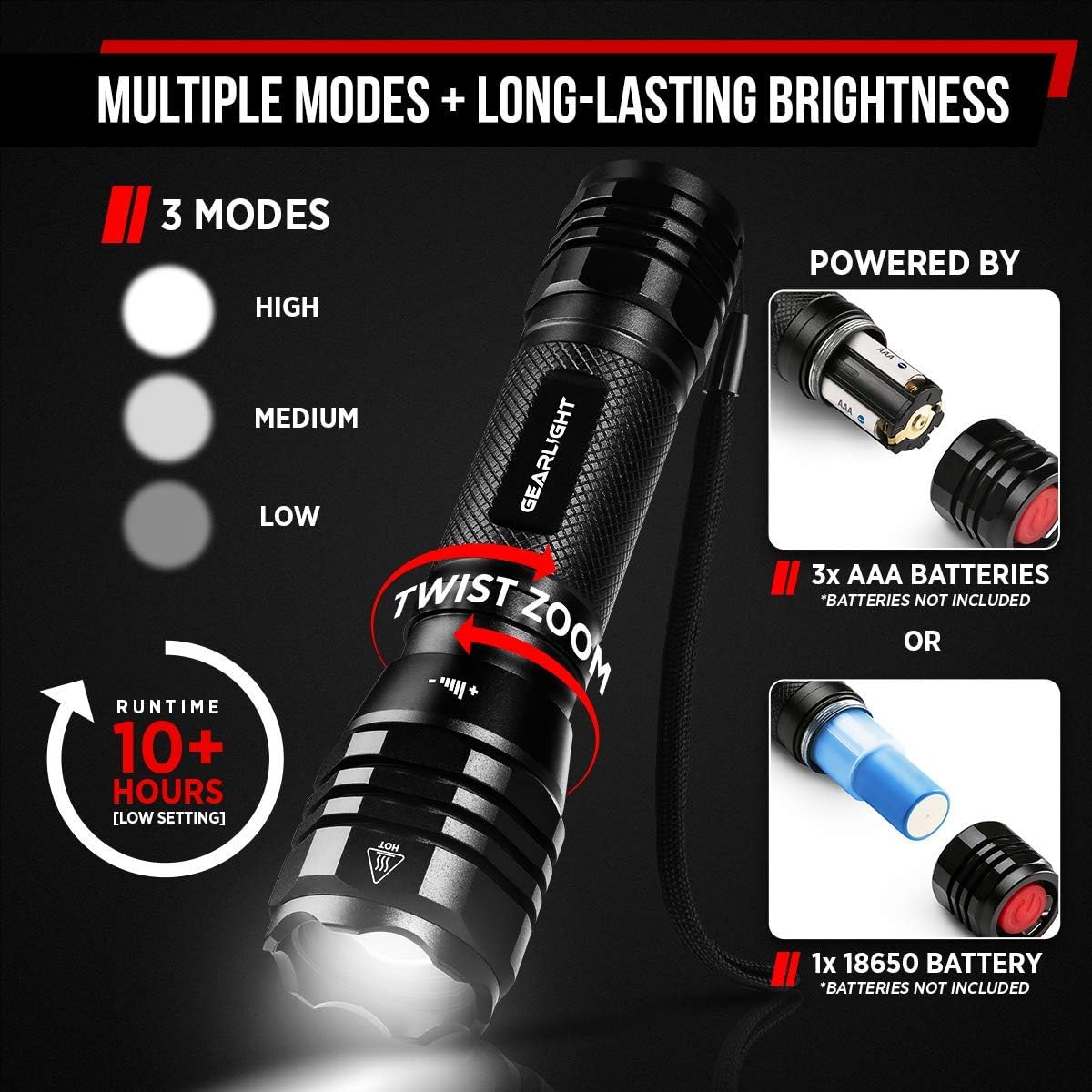 GearLight S1050 LED Flashlight High Lumens - for Camping, Hiking