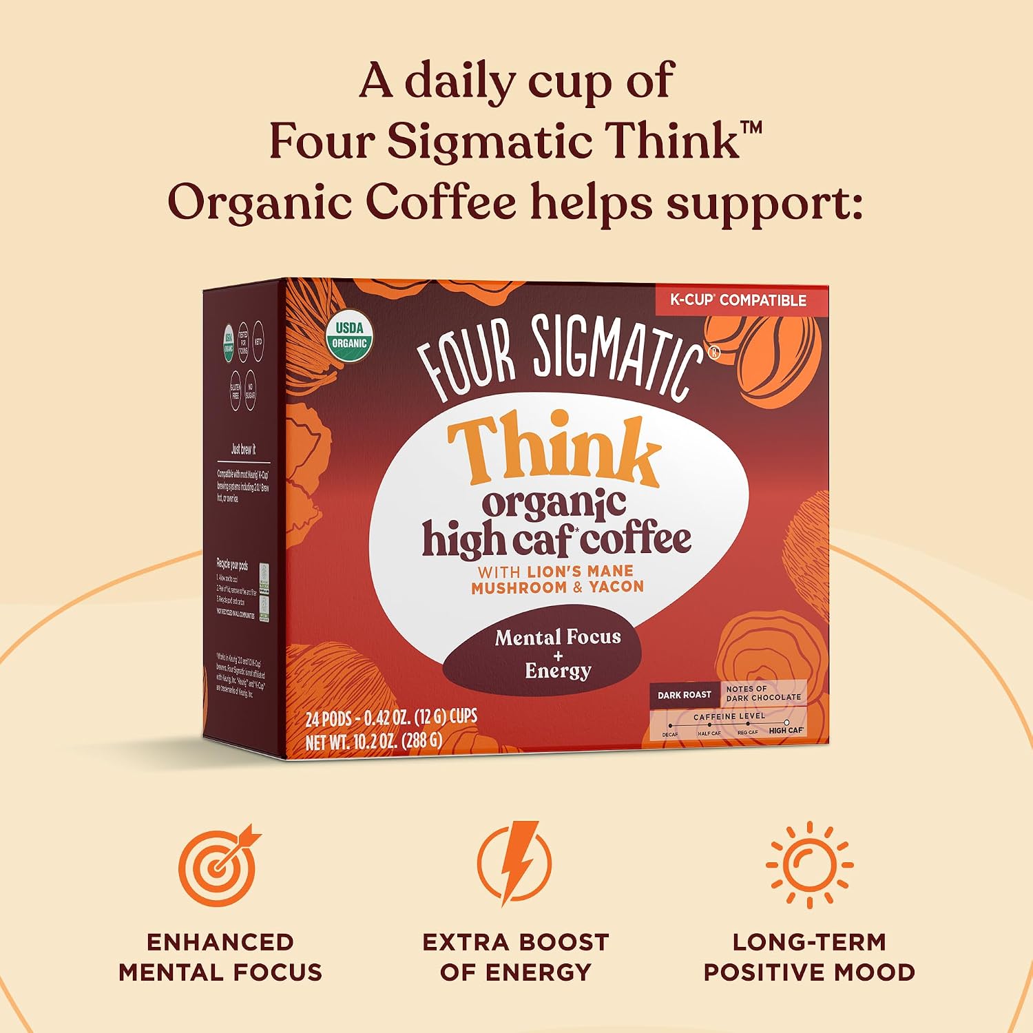 Four Sigmatic Mushroom Coffee K-Cups | Organic Dark Roast Coffee with Lion’s Mane Mushroom Powder & Yacon | Focus & Immune Support | Vegan & Keto