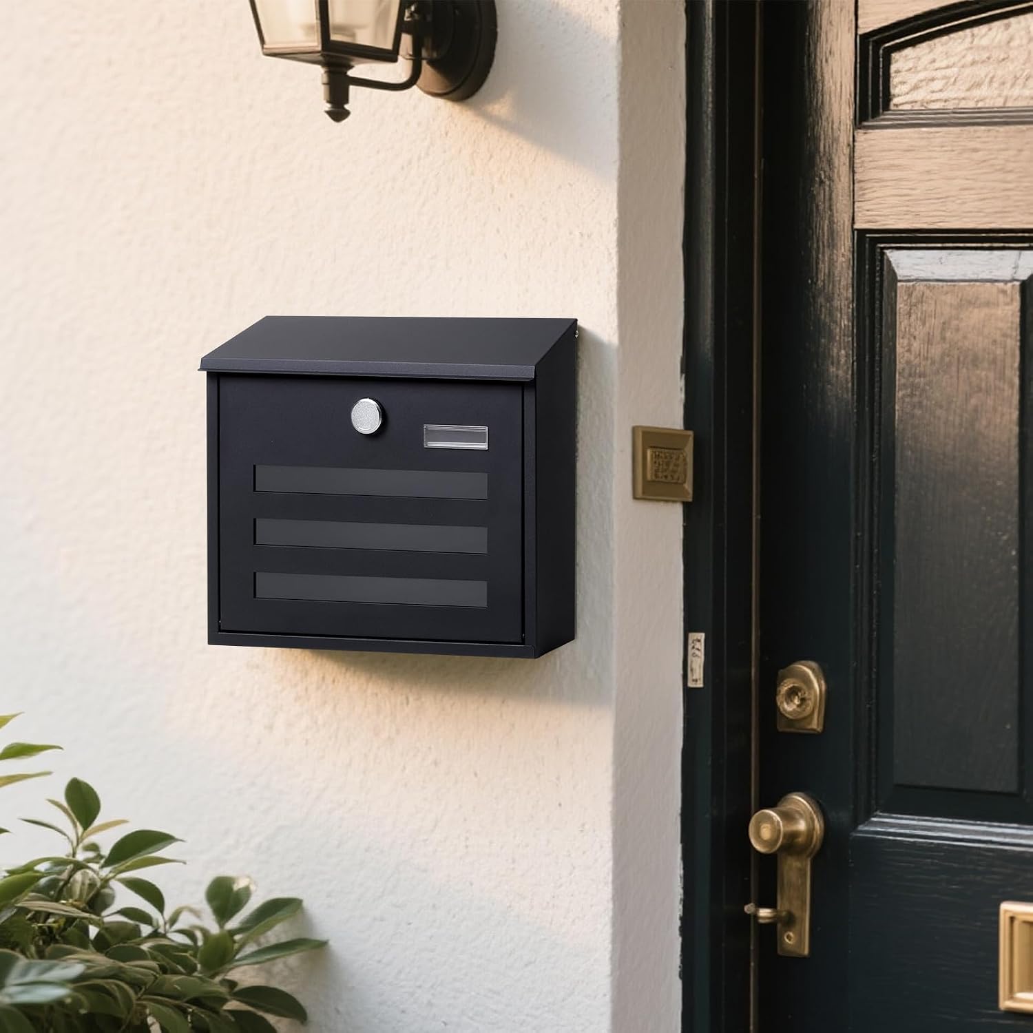 Locking Mailbox Wall Mount for Outside– Jssmst Mailboxes with Key Lock for Front Door Fence, Large Capacity Letter Box, 14.3 x 4.1 x 11.8 Inch, Black, SM-HPB911BN