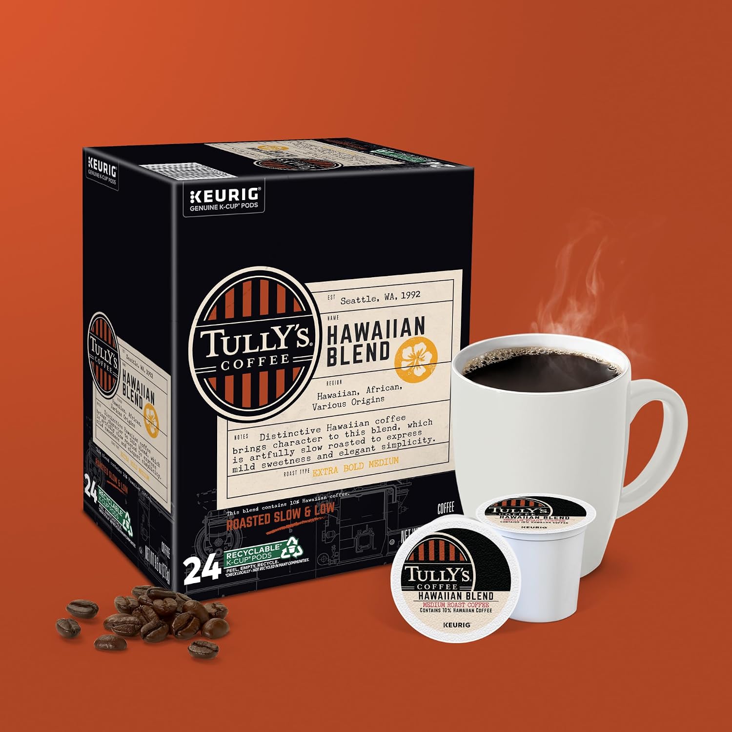 Tully's Coffee Hawaiian Blend Keurig Single-Serve K-Cup Pods, Medium Roast Coffee, 96 Count