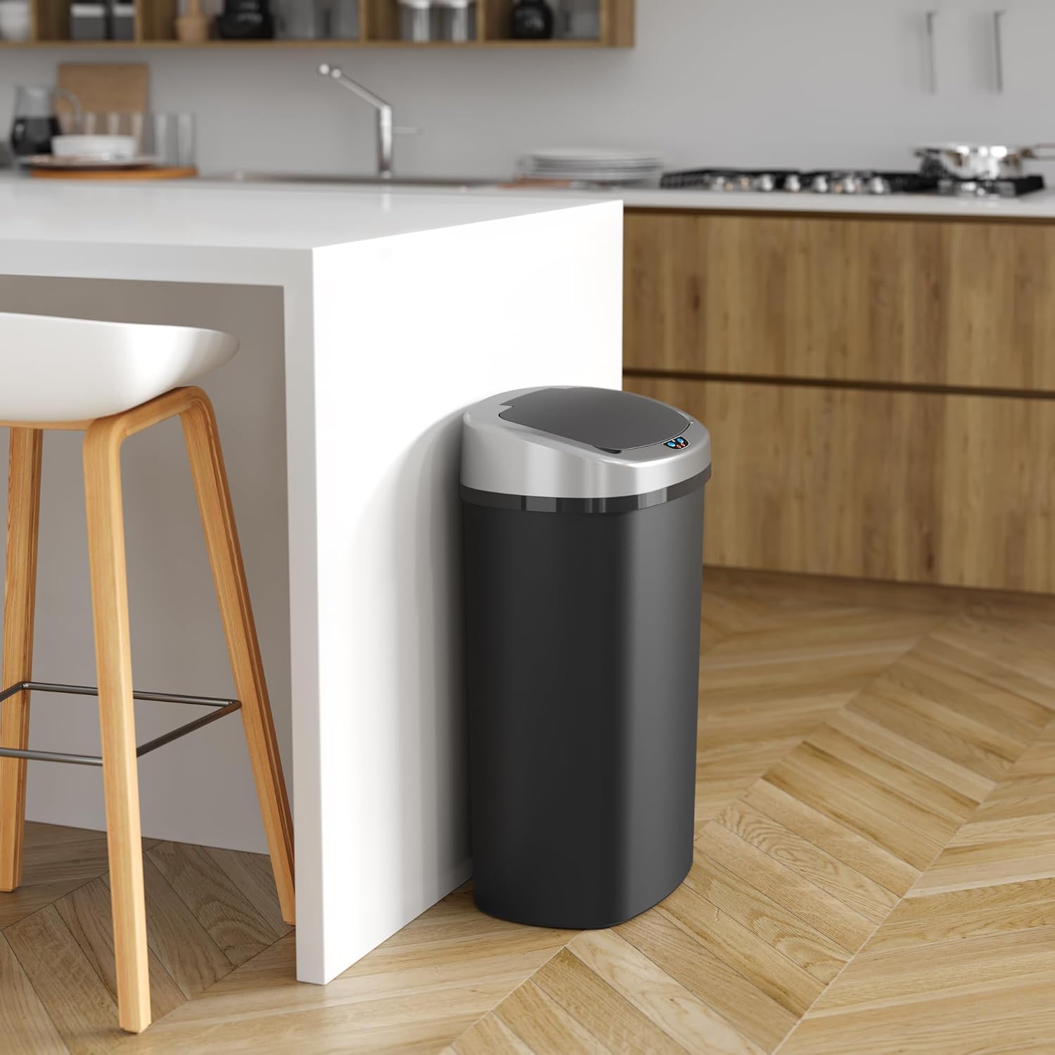iTouchless 50 Liter / 13 Gallon Kitchen Trash Can with Lid & Deodorizer – Motion Sensor Semi-Round Stainless Steel Garbage Bin for Home, Office, or Garage – Slim, Wide Opening Large Capacity Design