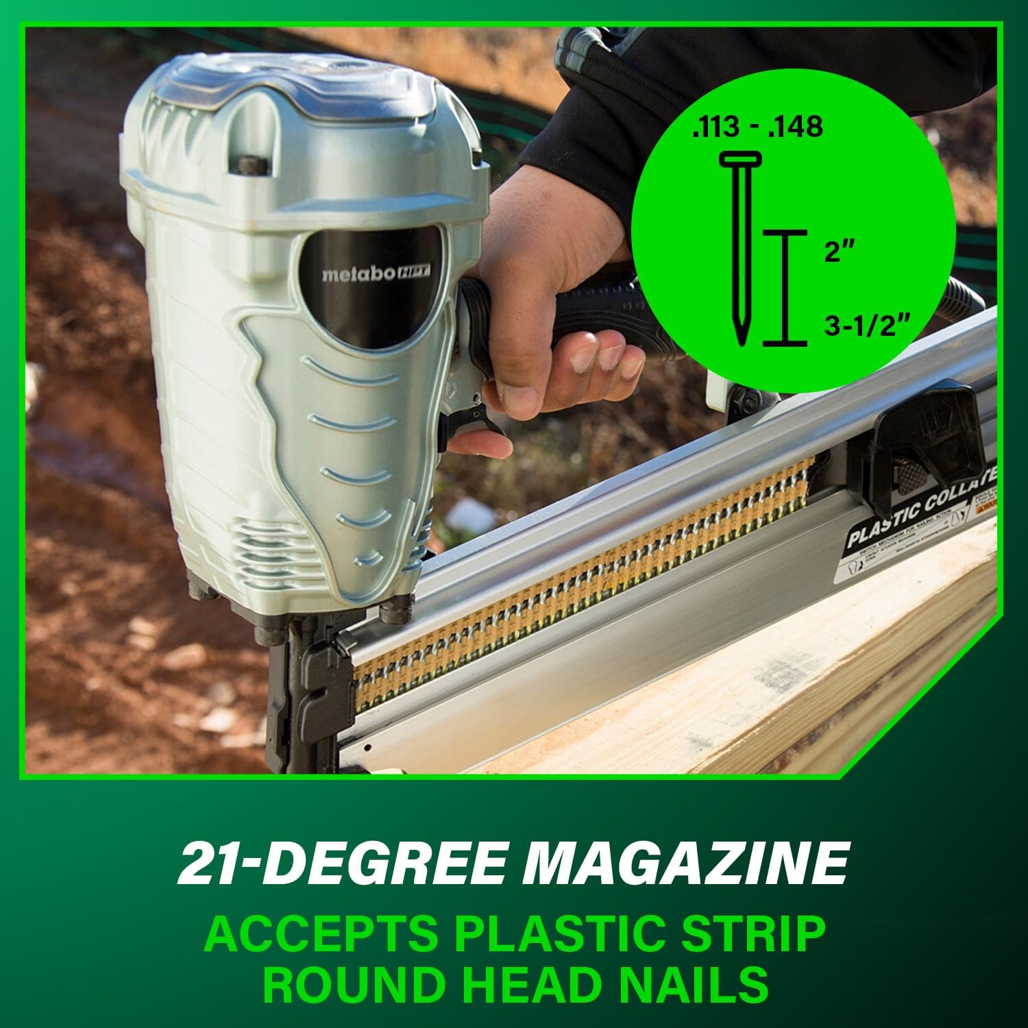 Metabo HPT Framing Nailer, 21° Plastic Collated 2-3.5in, NR90AES1