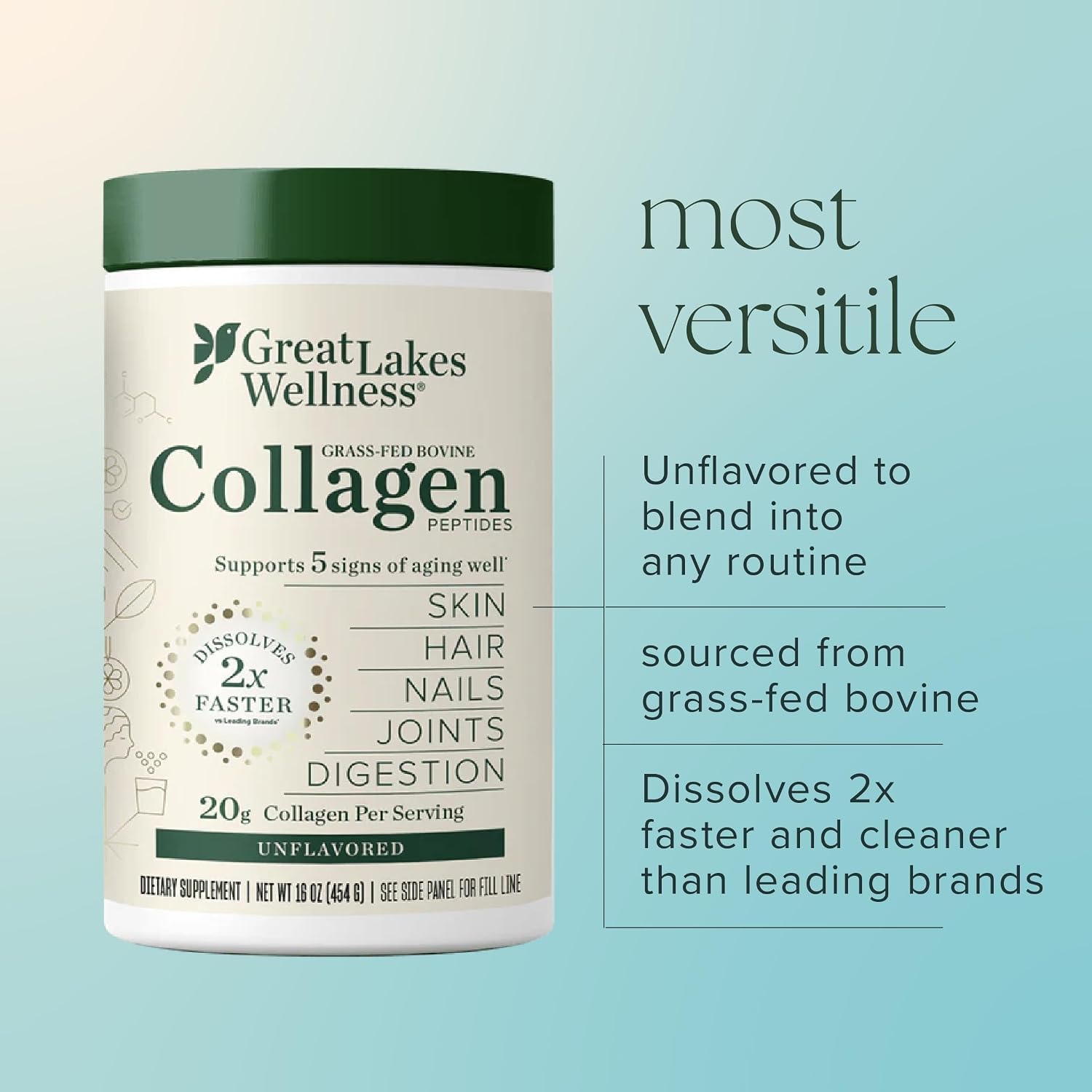 Great Lakes Wellness Collagen Peptides Powder – Supports Skin, Hair, Nails, Joints & Digestion – Hydrolyzed, Non-GMO, Keto & Kosher – Pure Collagen Protein (16 oz, 22 Servings) Packaging may vary