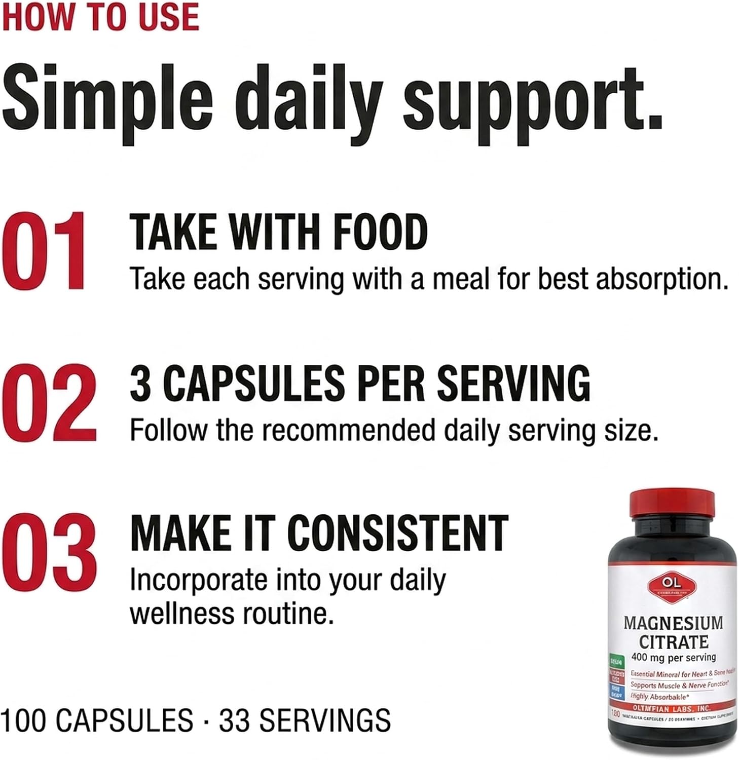 Olympian Labs Magnesium Citrate 400mg - 300 Capsules - Easy Absorbable, Supporting Healthy Bones, Healthy Heart and Calcium Absorption