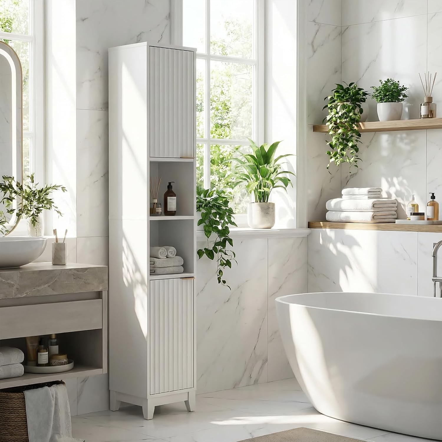 VINGLI White Fluted Tall Narrow Bathroom Cabinet, 67" Slim Freestanding Storage Cabinet for Small Spaces, Wood Linen Tower Floor Cabinet with 2 Doors
