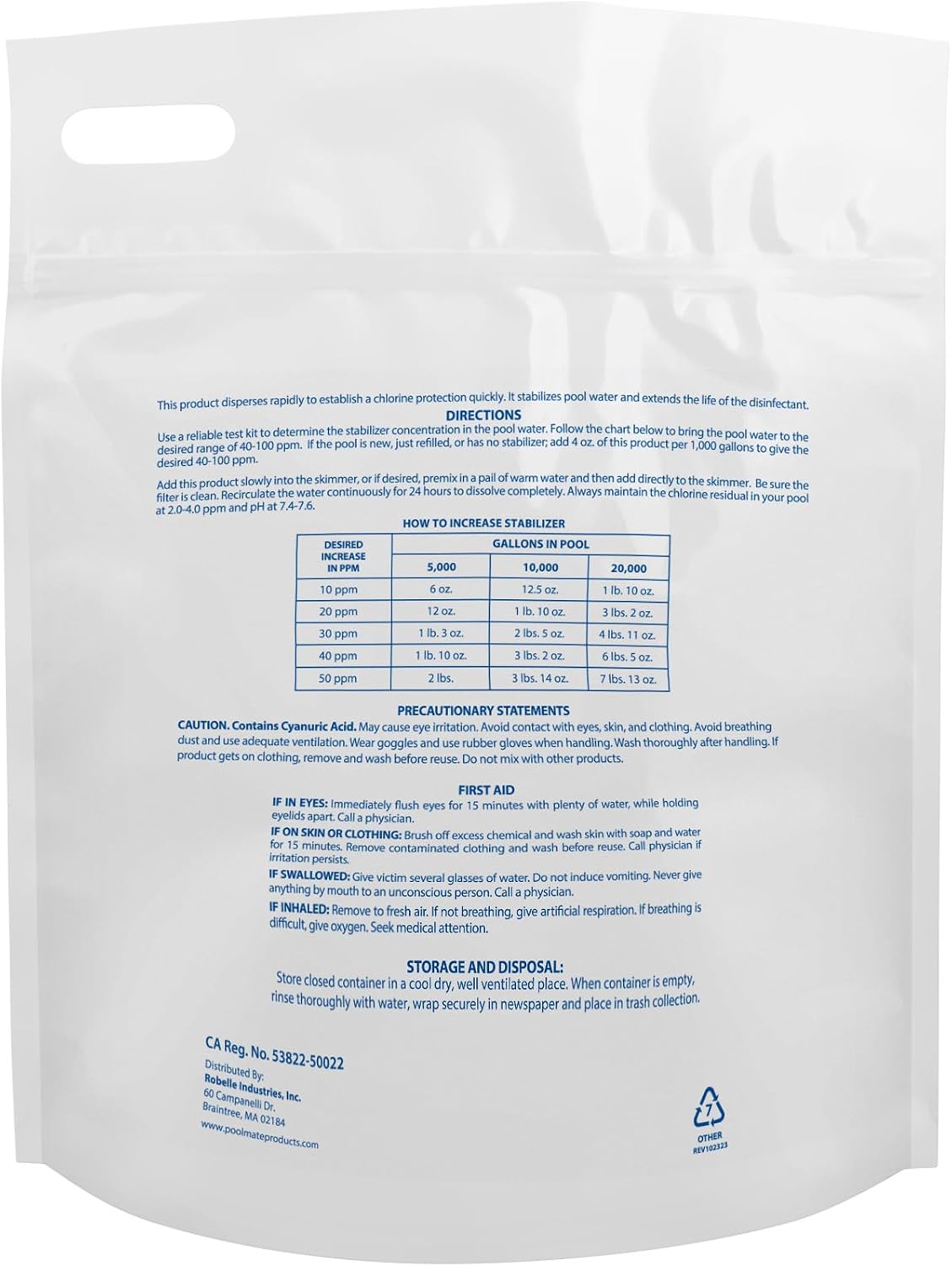 Pool Mate 7-Pounds Premium Pool Stabilizer and Conditioner | Chlorine Stabilizer, Concentrated Cyanuric Acid for Pools, Helps Chlorine Last Longer, 6oz raises CYA 10ppm per 5,000 gallons