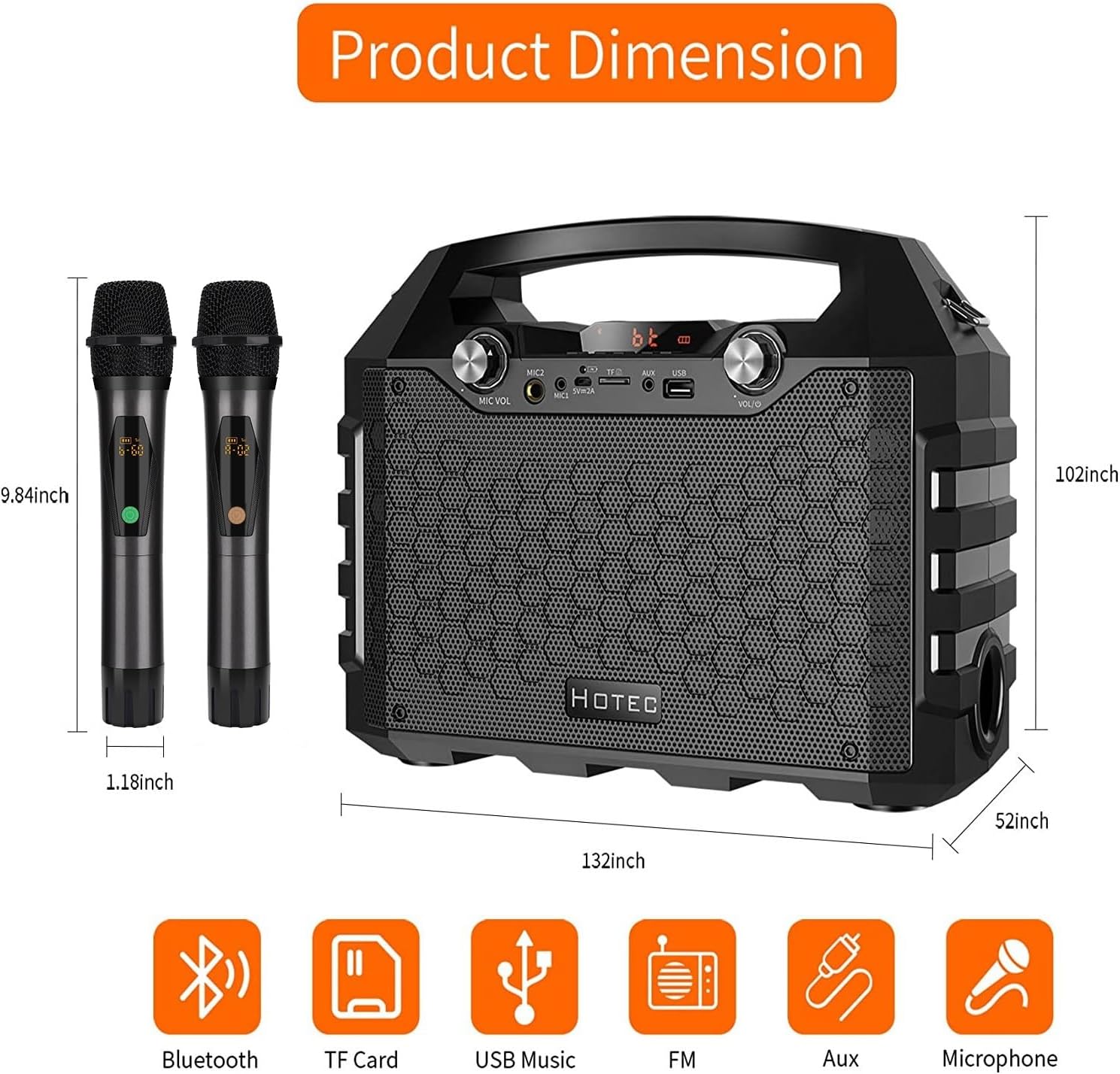 Hotec Wireless Bluetooth Portable PA Speaker System, Powerful Bluetooth Karaoke Machine with Dual Wireless Microphones for Karaoke, Wedding, Party