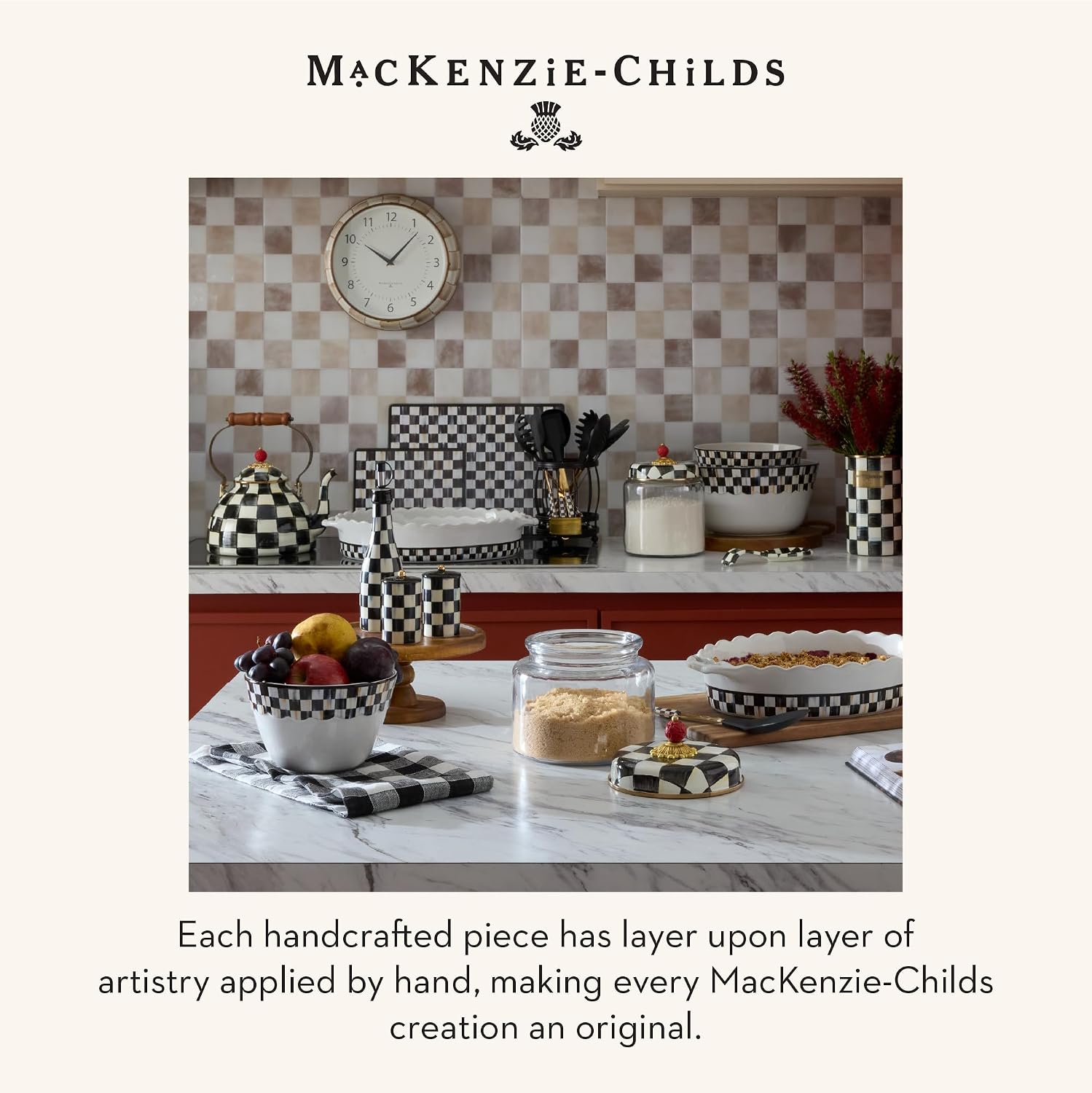 MACKENZIE-CHILDS Utensil Caddy | Sturdy cutlery organizer, made from coated carbon steel with brass logo plate, 6" dia. x 7" H