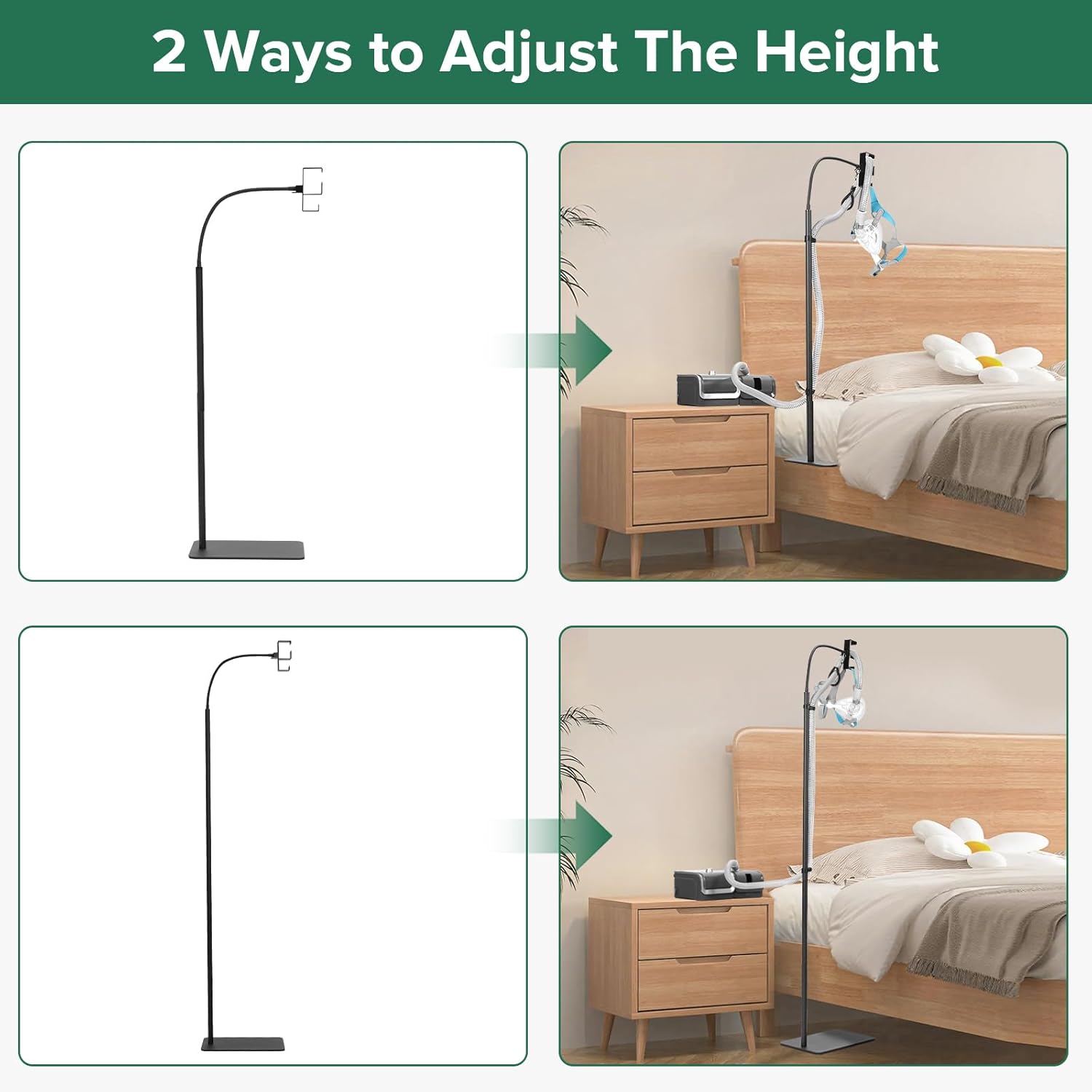 CPAP Hose Holder Bedside Stand, Fits ResMed/Philips w/Hook | All-Metal Durable, No-Wall-Drill Setup, Aluminum Hook Keeps Hose Tangle-Free & Hygienic