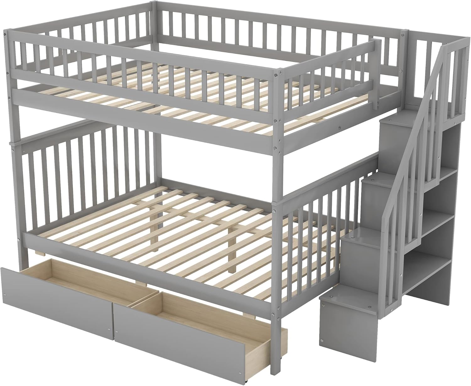 Bellemave Full Over Full Bunk Beds with Stairs Stairway Bunk Bed Frame with Storage Shelves for Teens Adult, Detachable Wood Full Bunk Bed, Gray