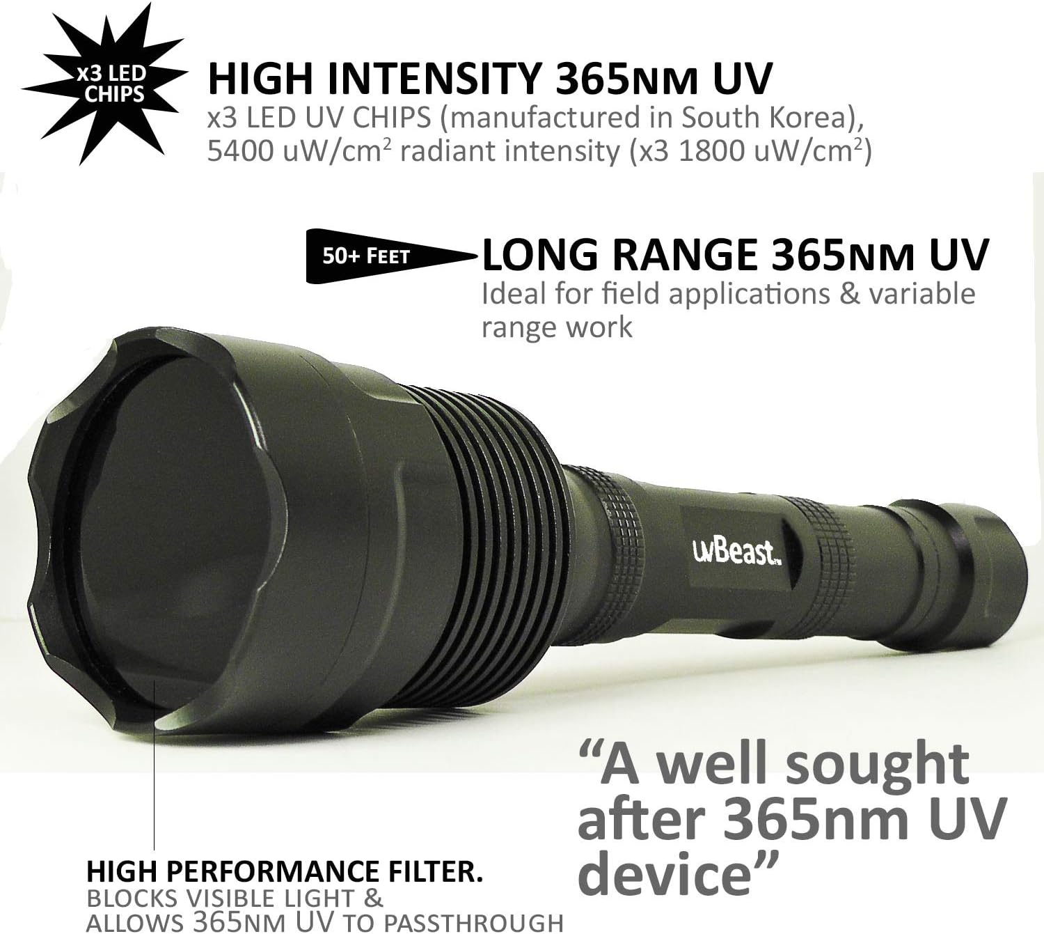V3 365nm Black Light UV Flashlight, High Power and Long Range | High Definition Ultraviolet, Professional Grade Beam, Commercial Use, USA Stock