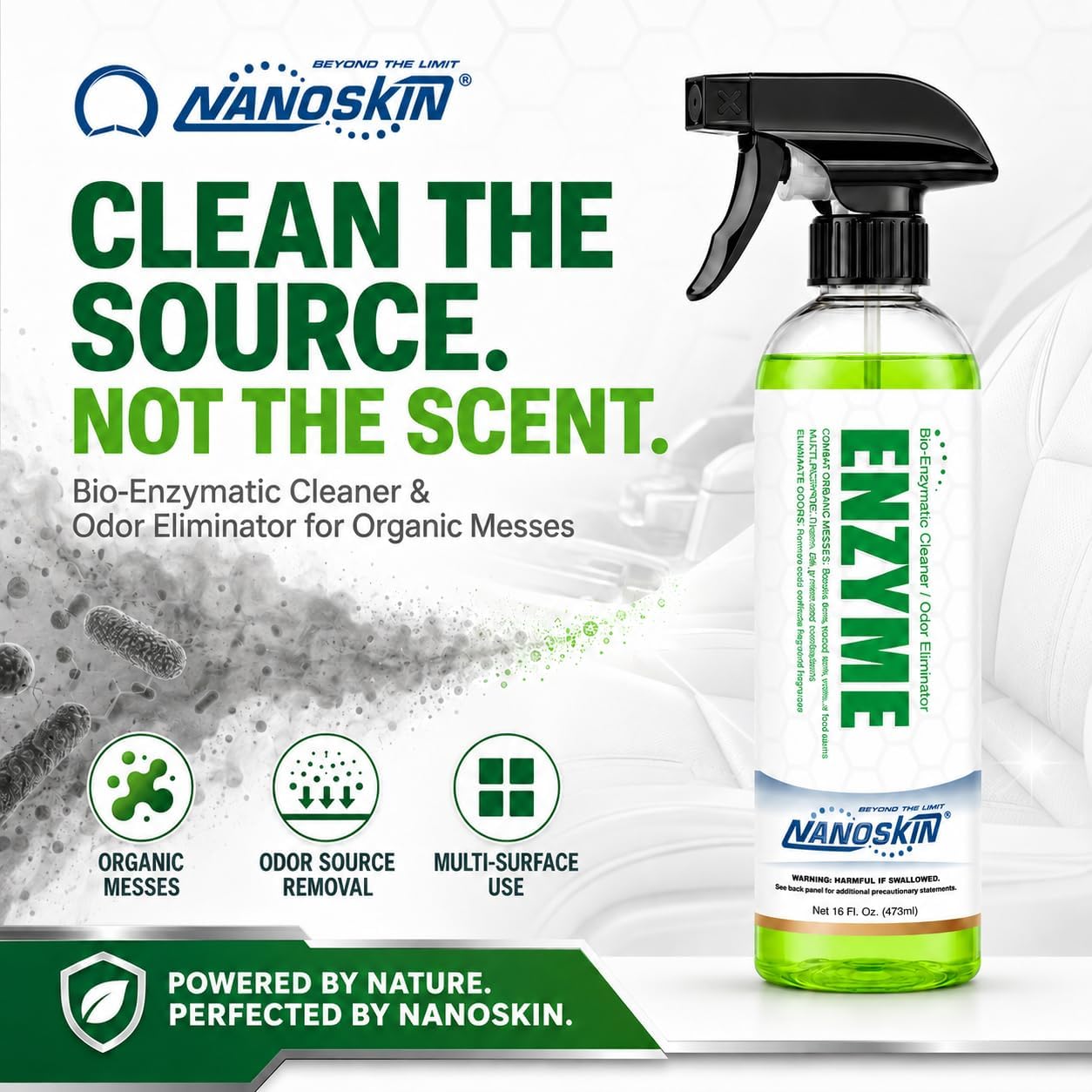 Nanoskin ENZYME Bio-Enzymatic Cleaner & Odor Eliminator 1 Gallon - Fragrance-Free Multi-Surface Cleaner for Organic Stains, Pet Accidents, Food Spills, Light Grease & Grime | Auto, Kitchen & Bath