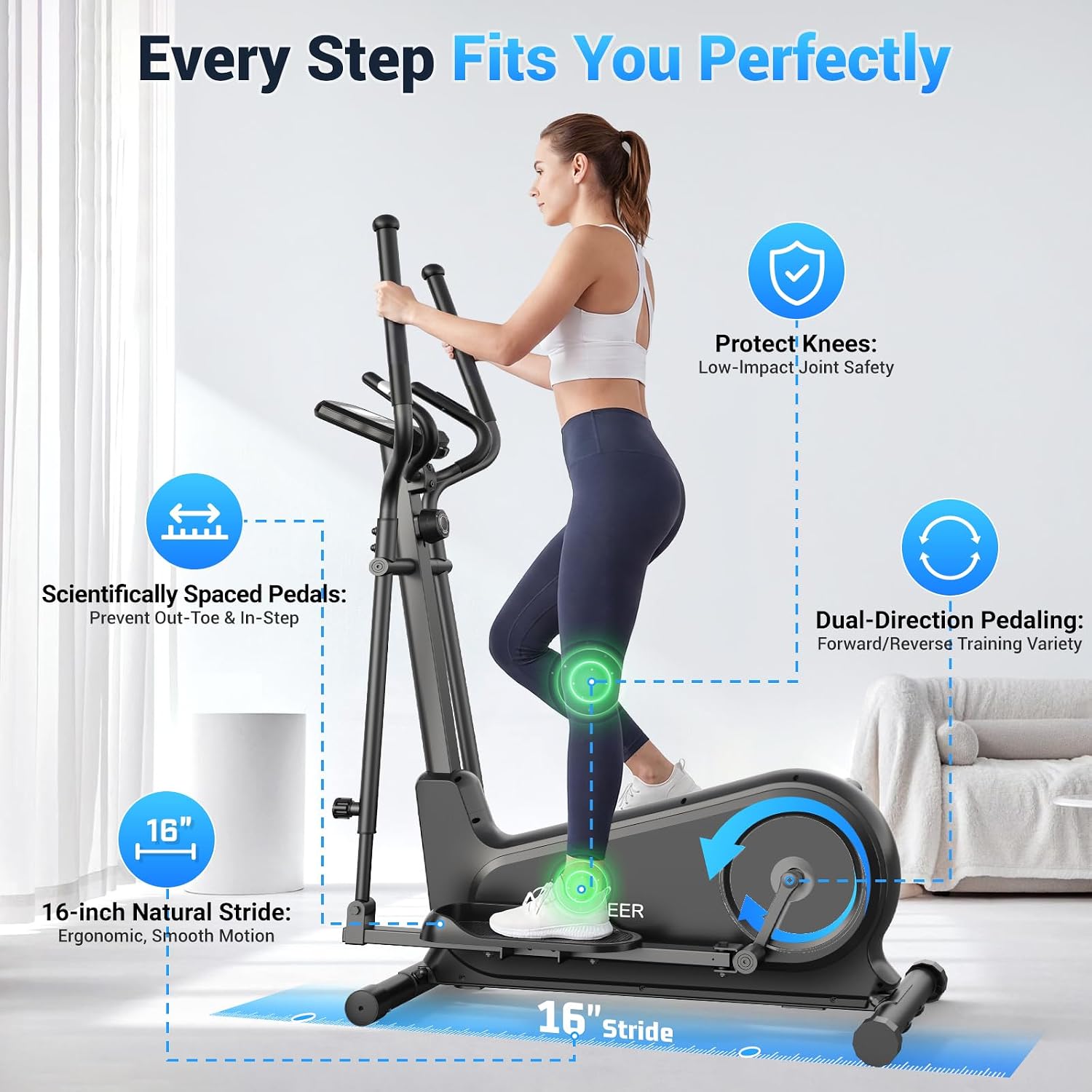 ANCHEER Elliptical Exercise Machine Foldable Elliptical Trainer 16" Stride | Ultra-Silent Elliptical Machine for Home, 550LBS Loading Capacity, 16 Resistance Levels &Pulse Rate Grips &Adjustable Pedals