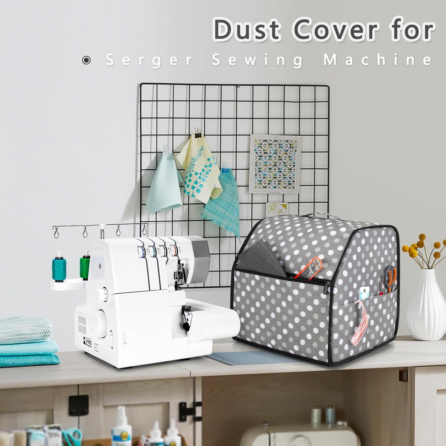 LUXJA Serger Machine Cover with Storage Pockets, Gray Dots