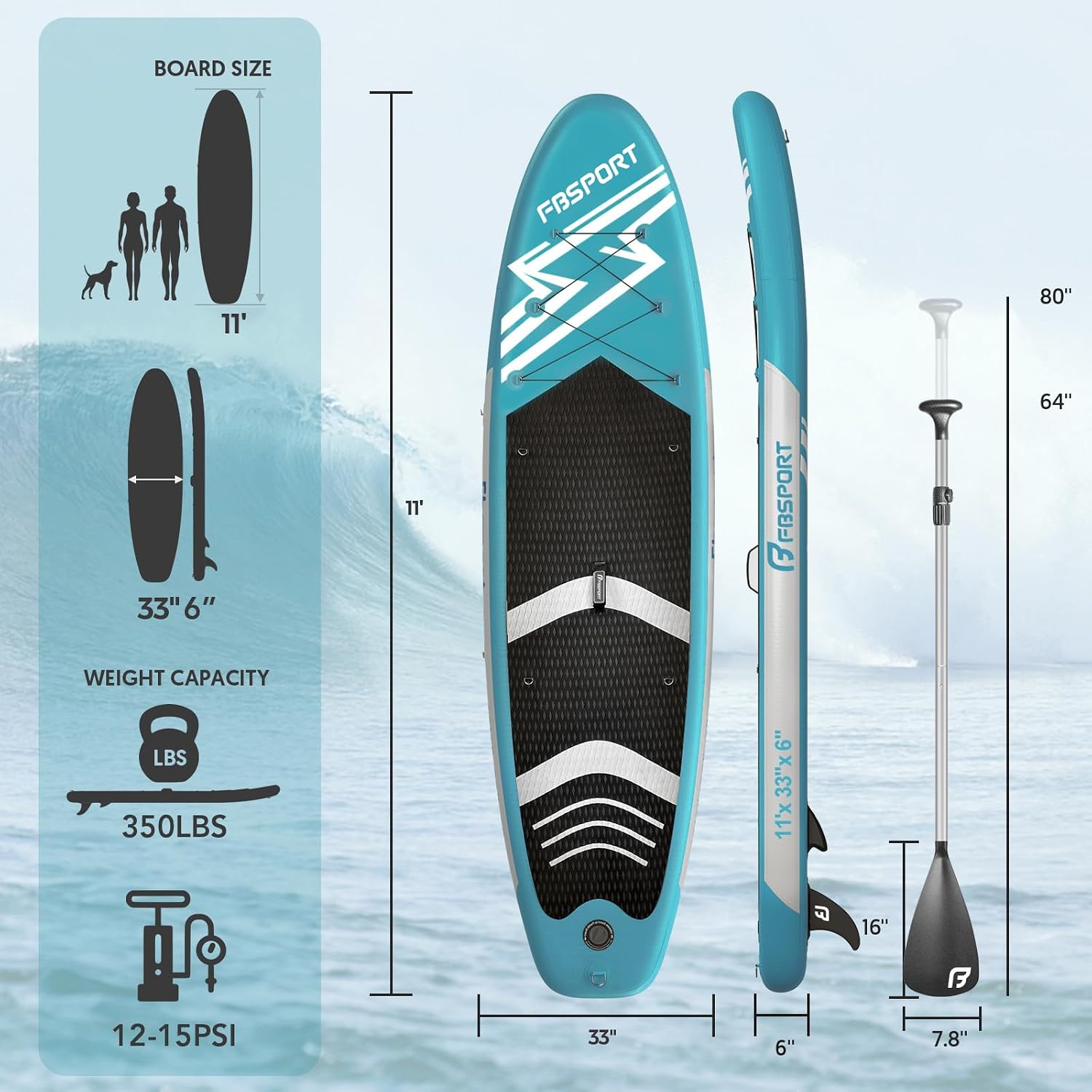 FBSPORT 11' Premium Stand Up Paddle Board, Yoga Board with SUP Accessories & Carry Bag | Wide Stance, Surf Control, Non-Slip Deck, Leash