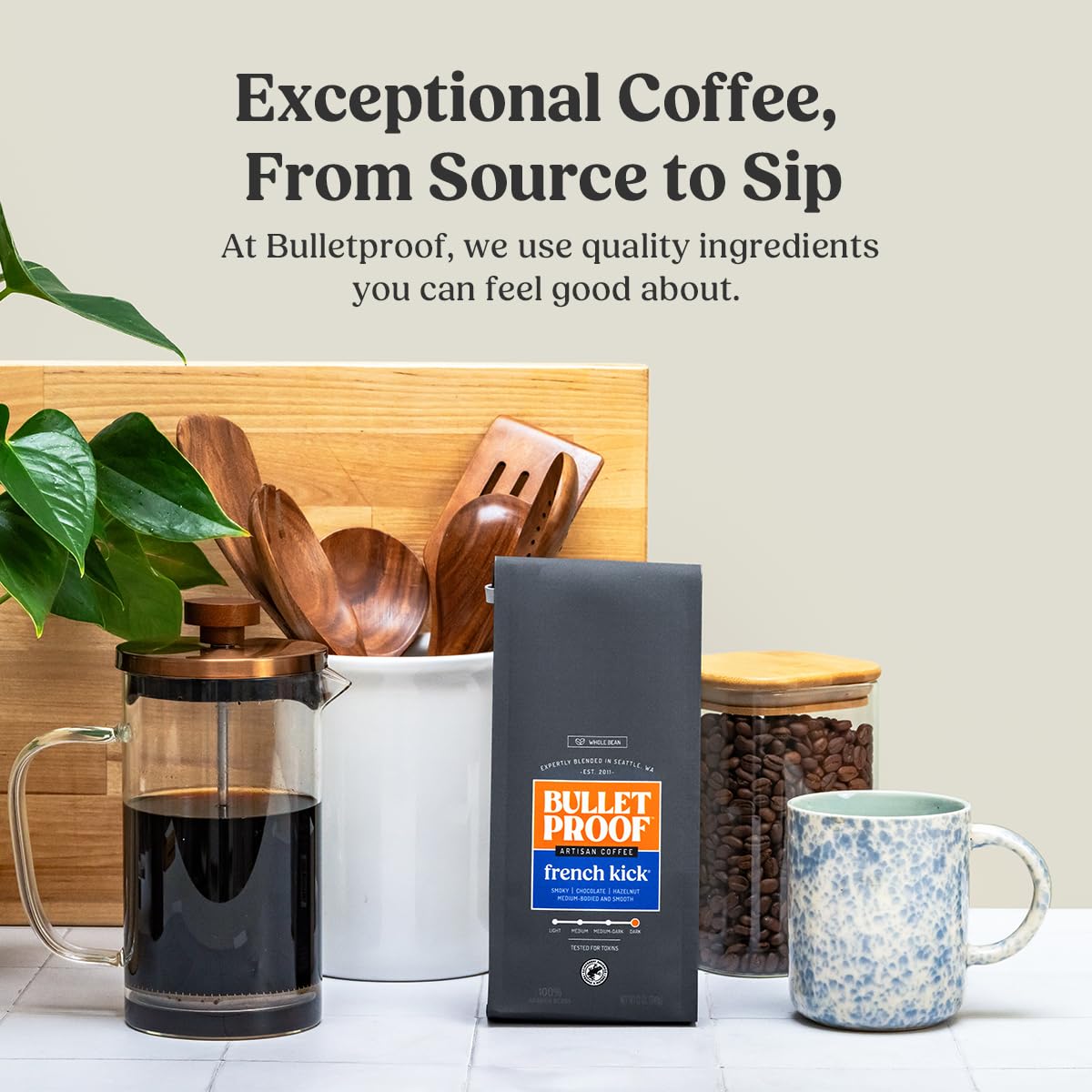 Bulletproof French Kick Dark Roast Whole Bean Coffee, 12 Ounces, 100% Arabica Coffee Sourced from Guatemala, Colombia & El Salvador