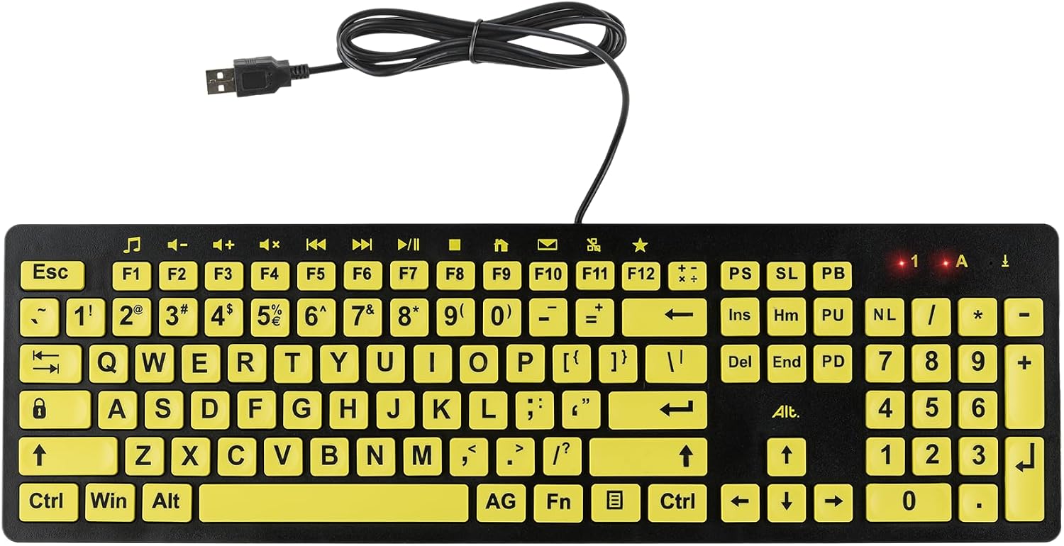 Clevy ALT ClearKeys Keyboard and Keyguard Combo - Large Print High Contrast USB Wired Keyboard for Visually Impaired + Custom Keyguard for Temporary