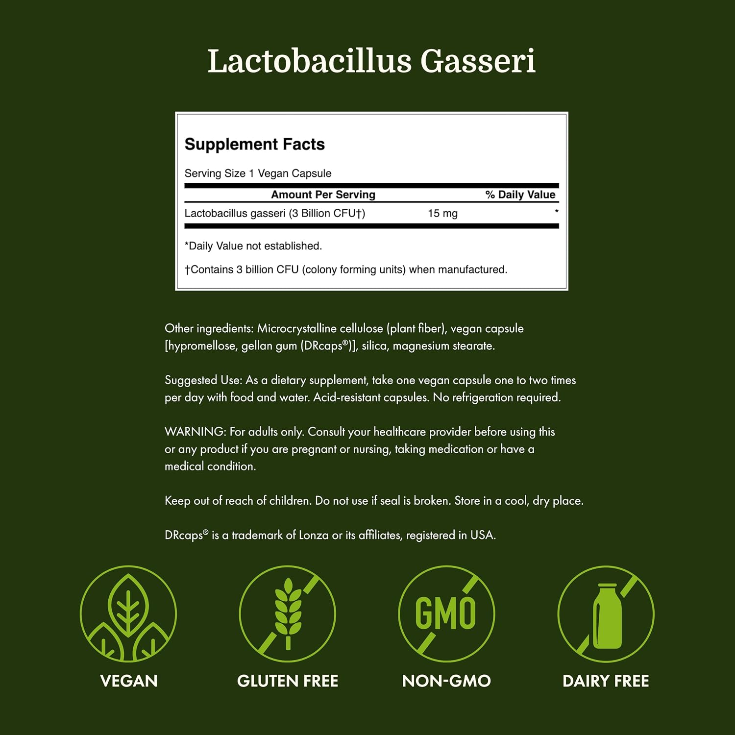 Swanson Lactobacillus Gasseri Probiotic, 3 Billion CFU, 60 Vegan Capsules | For Adults Seeking Digestive and Metabolic Support, a Lactic Acid-Producing Bacterium, Acid-Resistant with No Refrigeration
