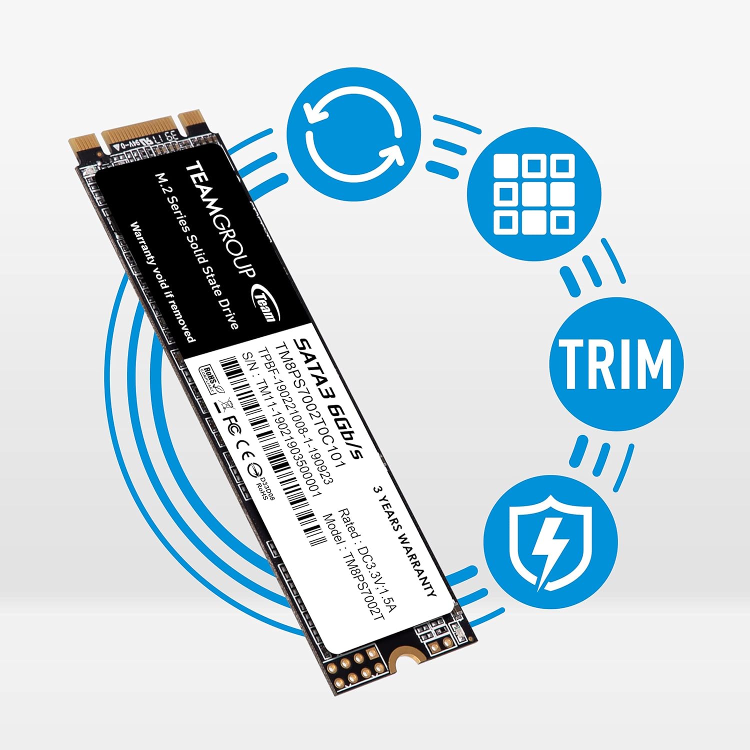 TEAMGROUP MS30 1TB with SLC Cache 3D NAND TLC M.2 2280 SATA III 6Gb/s Internal Solid State Drive SSD (Read/Write Speed up to 530/480 MB/s) Compatible with Laptop & PC Desktop TM8PS7001T0C101