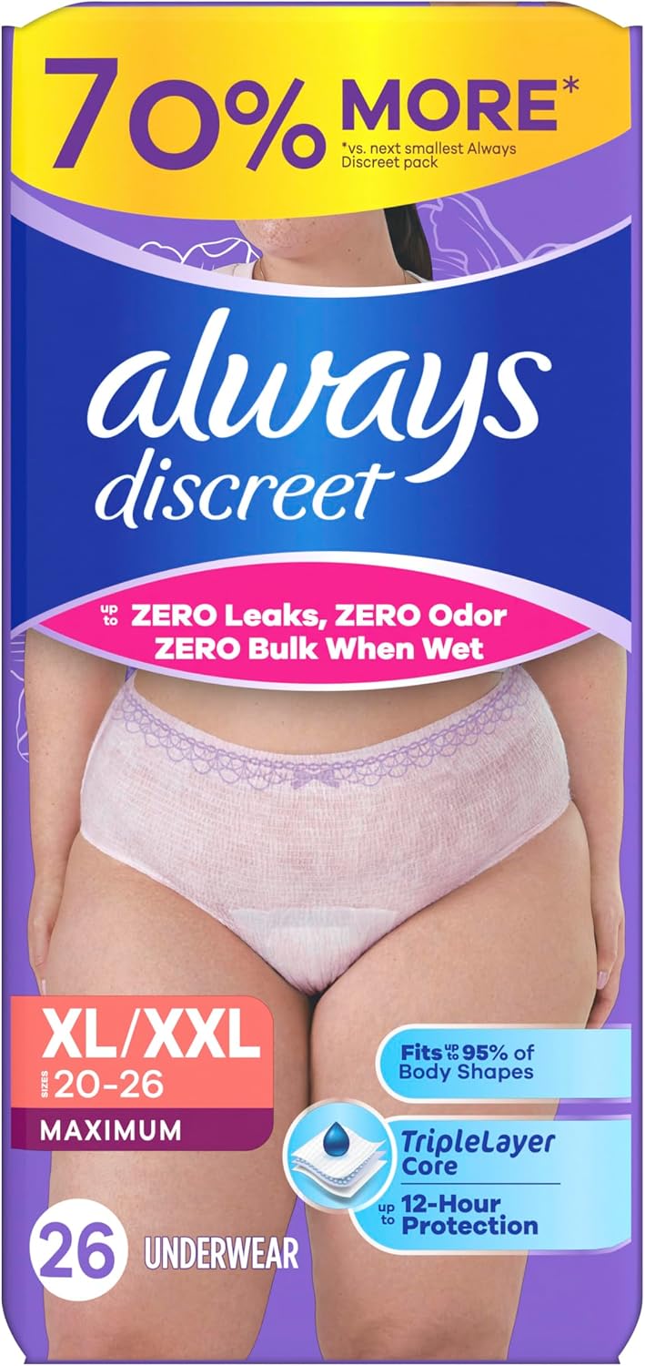 Always Discreet Adult Diapers for Women, Incontinence Underwear, Postpartum Essentials, Disposable Briefs, Max Absorbency, Bladder Leak Protection, Small/Medium, 32ct