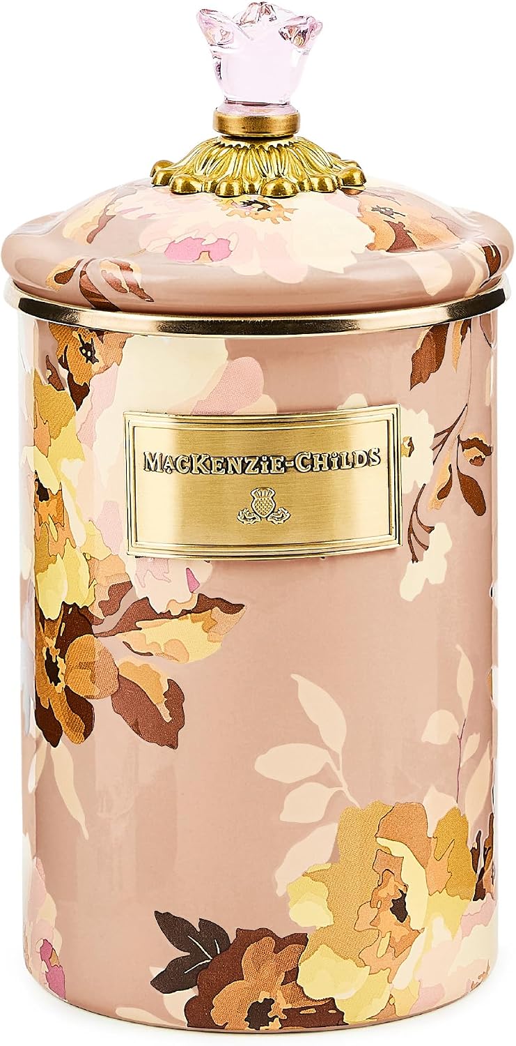 MACKENZIE-CHILDS Enamel Canister, Large, White Butterfly Garden | Hand-applied design, made from enameled steel, versatile kitchen storage container for flour and sugar, 64-ounce capacity