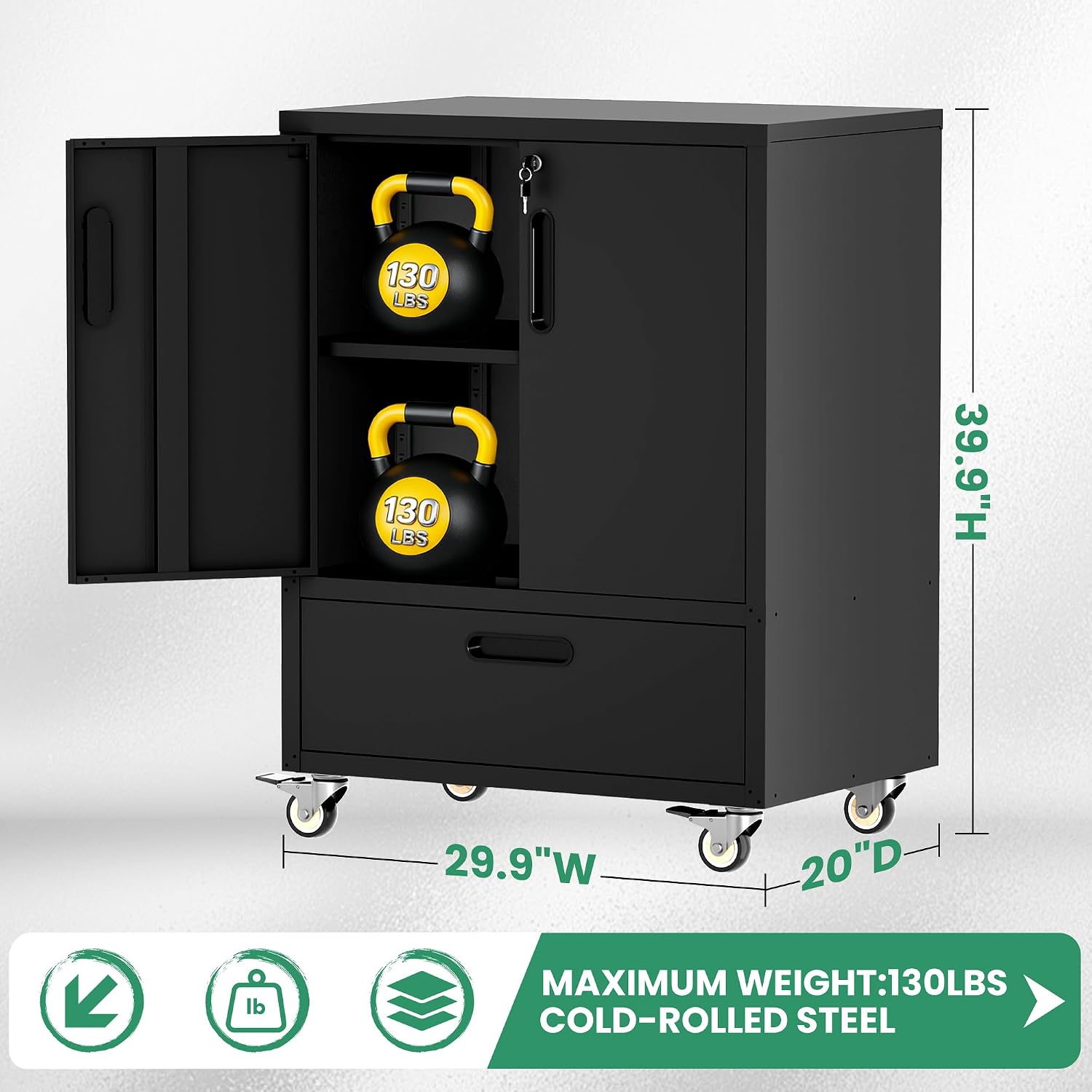 Garage Cabinets,Metal Garage Storage Cabinet with Wheels,Black Lockable Rolling Tool Cabinet with Drawer and Adjustable Shelves,Heavy Duty Tool Chest for Home Office Utility Room