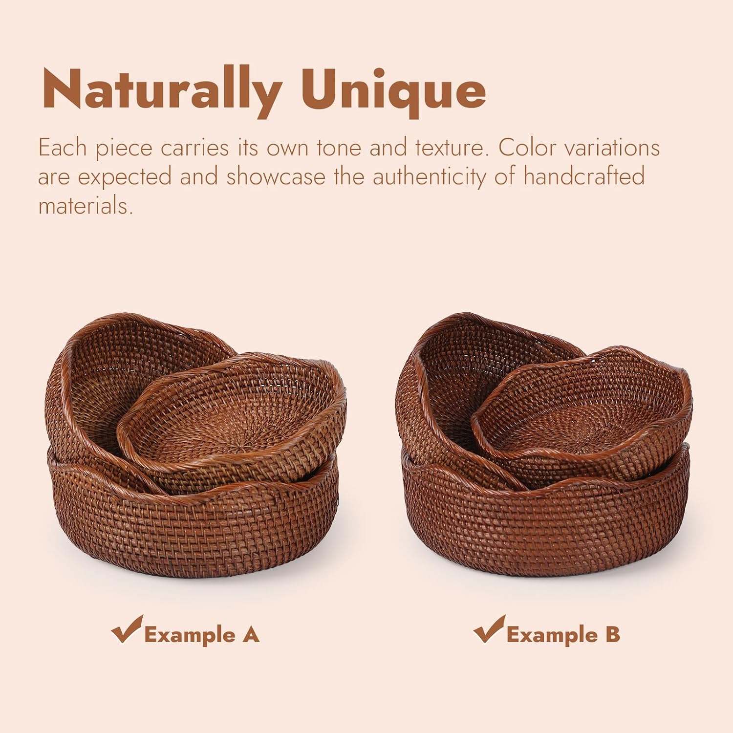 YANGQIHOME Rattan Bread Basket, Round Fruit Baskets, Wicker Storage Bowls, Natural Woven Serving Basket Bowls
