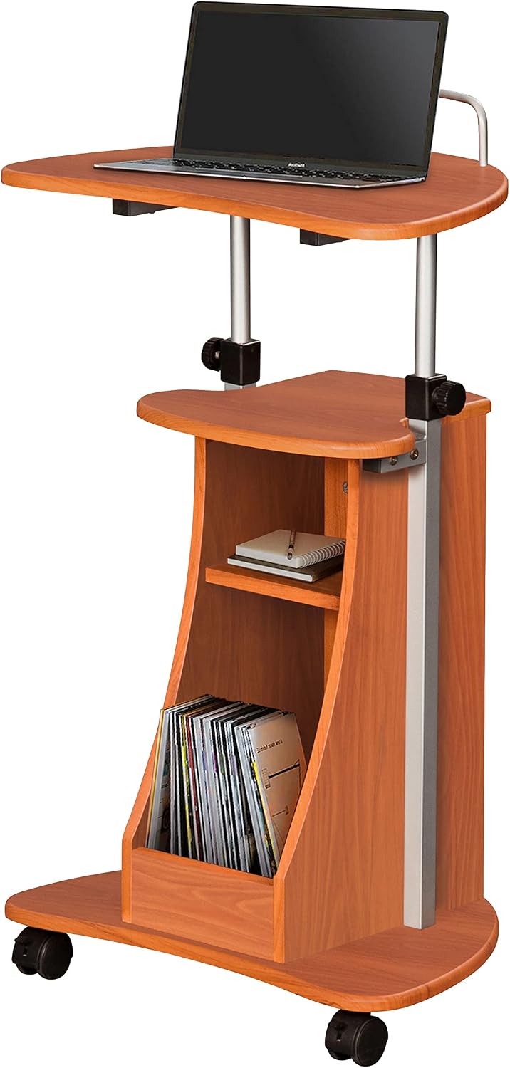 Techni Mobili Adjustable Height Rolling Laptop Cart with Storage, Graphite | Adjustable height rolling laptop cart with storage drawer, open shelf, wheels, sit‑stand design for office or medical use